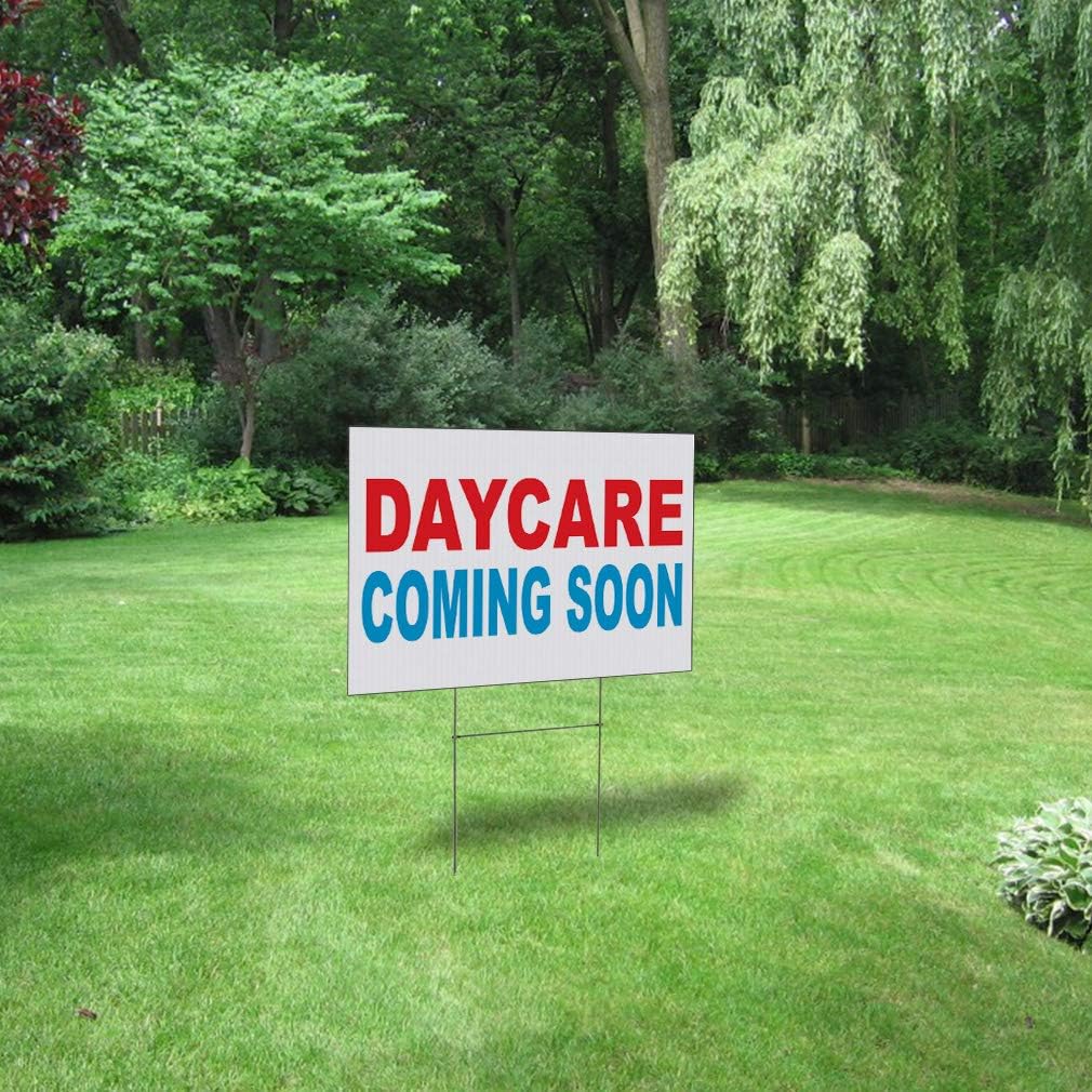 Fastasticdeals Weatherproof Yard Sign Daycare Coming Soon Red Blue Lawn Garden 24x18 Inches 1 Side Print