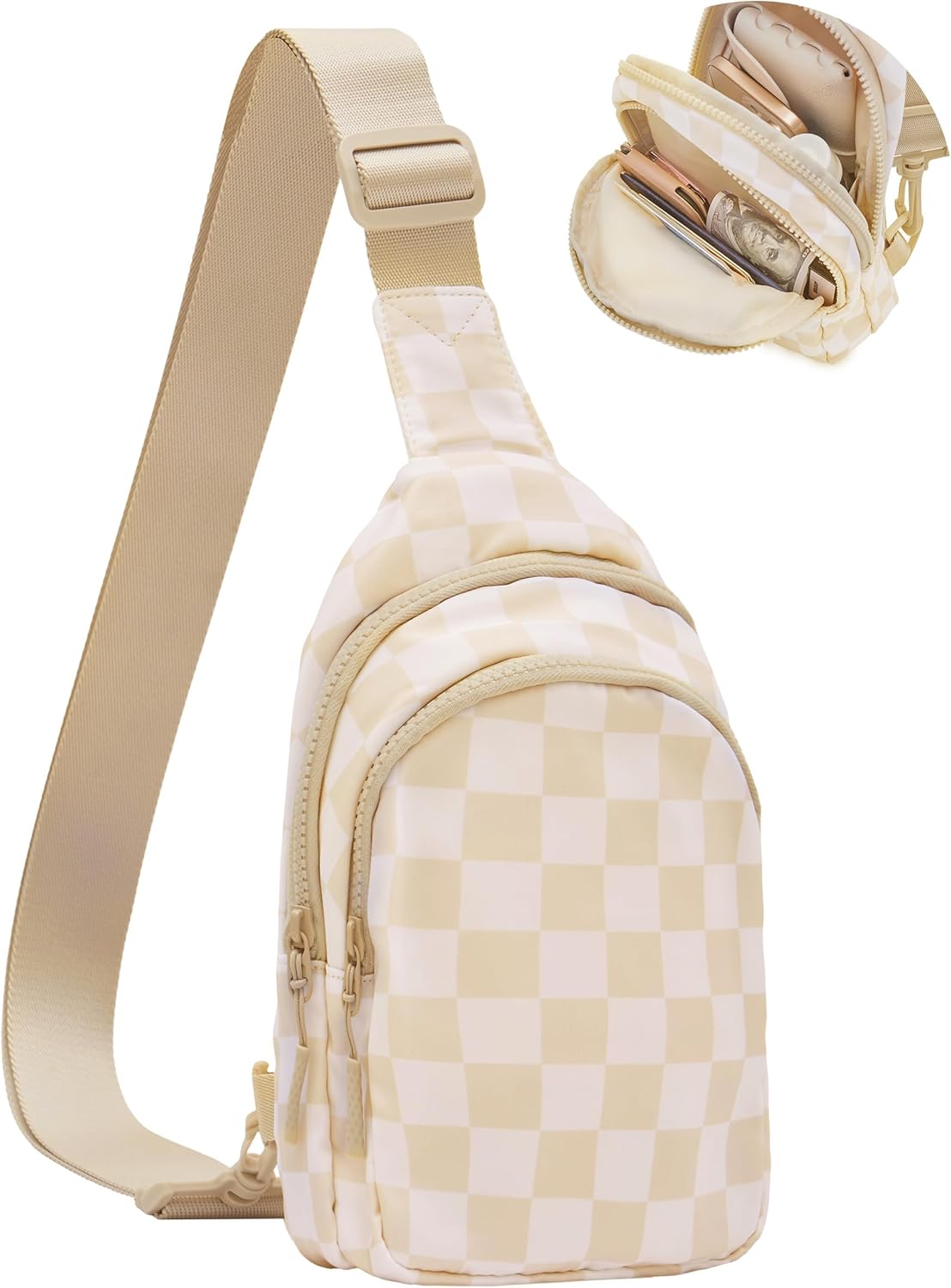 Checkered Sling Bag for Women, Water Resistant Nylon Crossbody Chest Bags with Adjustable Shoulder Strap for Travel Hiking,Milk Tea