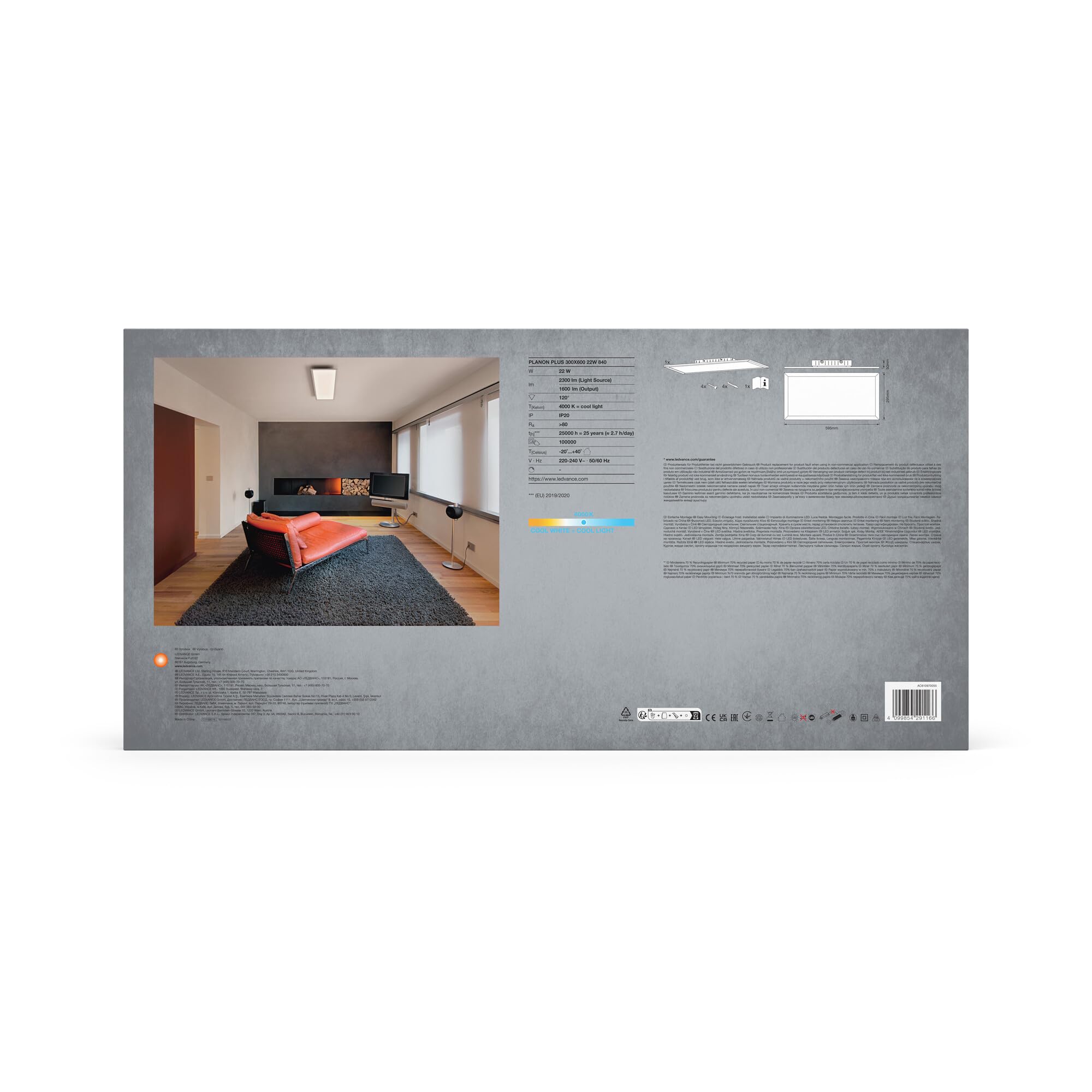 LEDVANCE Planon Plus plafoniera bianca con tecnologia LED avanzata, 22 W, forma rettangolare (300 x 600 mm), 4000 K, alloggiamento in alluminio, diffusore in PMMA satinato