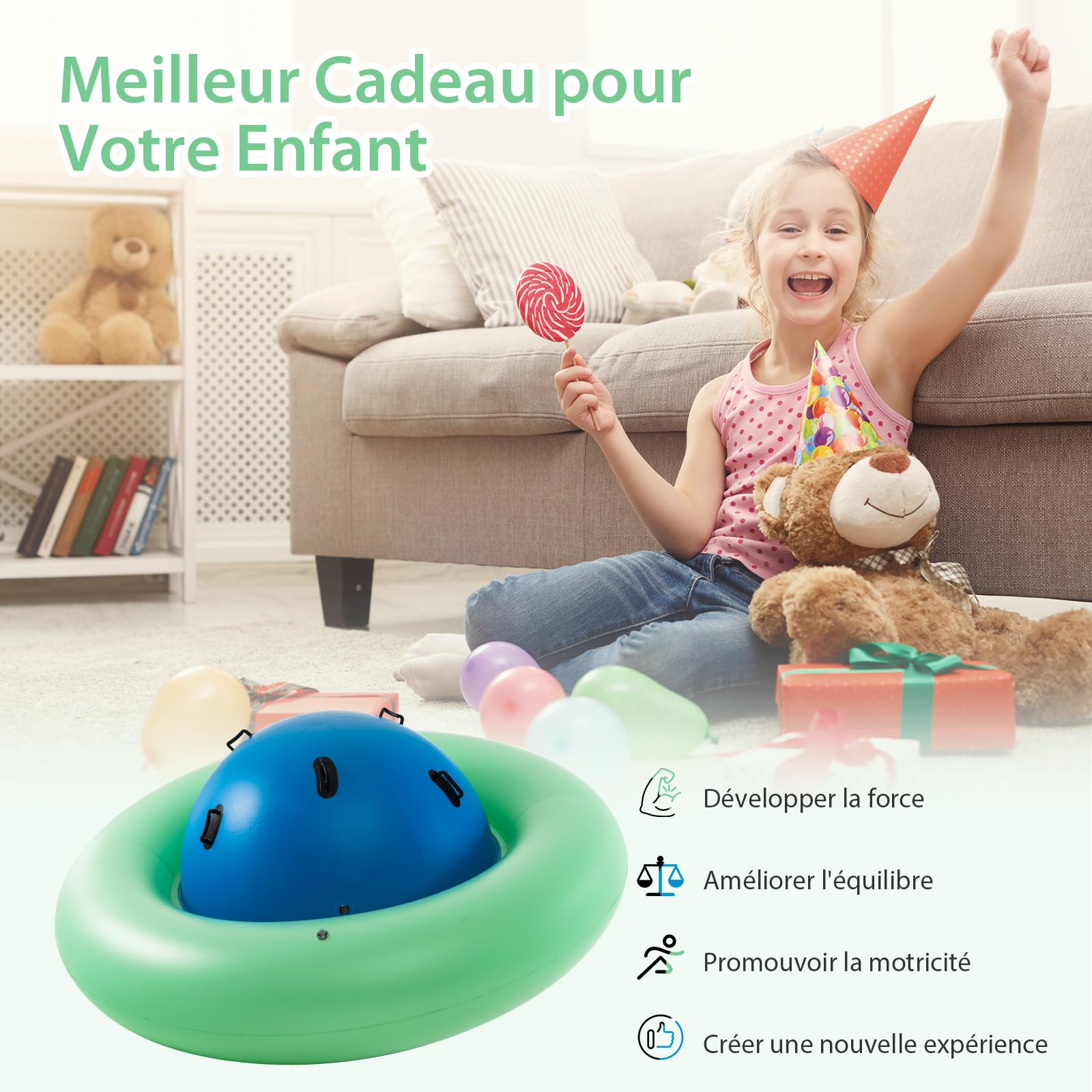 COSTWAY Balle Gonflable Enfants Ø233cm avec 6 Poignées, Château Gonfable en PVC avec Surface Élastique, Balle Rebondissante Intérieur Extérieur pour 3 Enfants de 5 Ans+, Charge 113kg (Bleu+Vert)