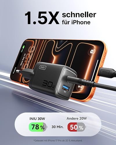 INIU Chargeur USB C, 30W 2-Port Prise USB C Chargeur Rapide avec 60W Câble, GaN Tech Super Charge Rapide pour iPhone 17 16 Pro Max, iPad Air, Galaxy S25 S24, Xiaomi 15, Pixel 10, Switch 2 etc - 2