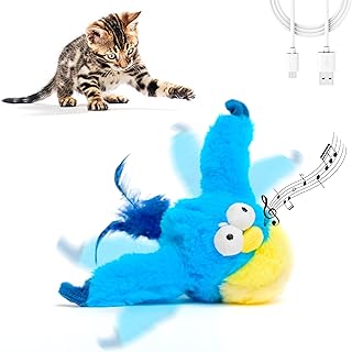Flapping Bird Cat Toy - Interactive Chirping Bird Cat Toy with Catnip Pouches | USB Charged Cat Bird Toy for Indoor Cats of All Ages | Touch Activated Bird Toy for Cats | Chirping Bird Catnip Toys