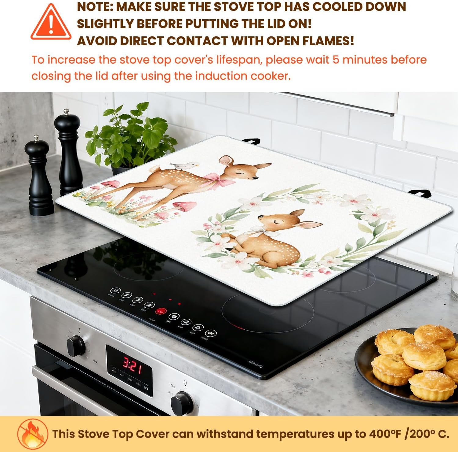 Stove Top Covers for Electric Stove 28"x20" watercolor fawn forest animals for baby dust rose pink floral wreath Glass Cooktop Cover Protector Heat Resistant Protector Mat for Kitchen Home Decor