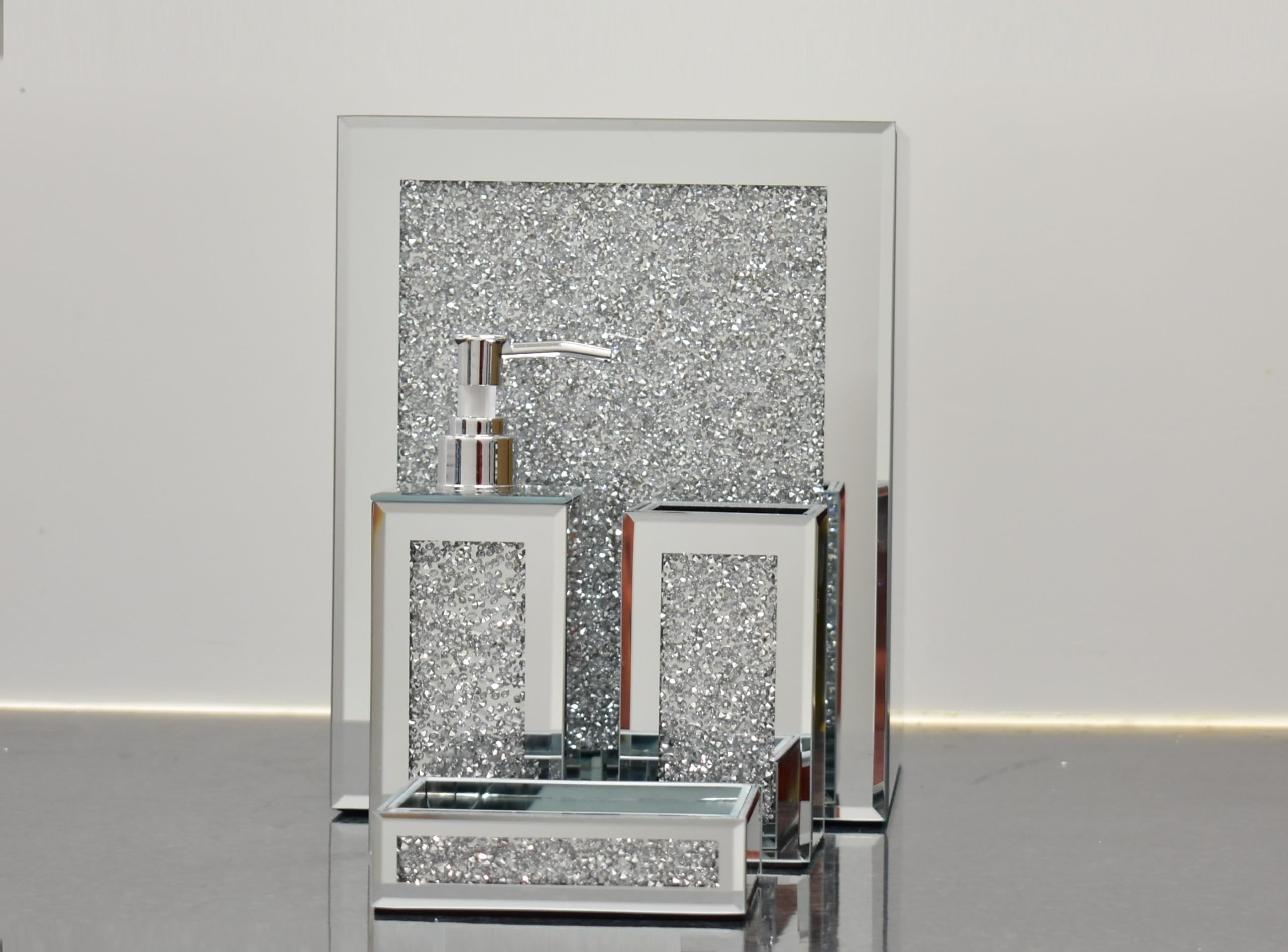 Biznest Silver Set Of 4 Piece Crushed Jewel Diamond Bathroom Accessories With Soap Dispenser Toothbrush Holder Soap Holder & Bin In