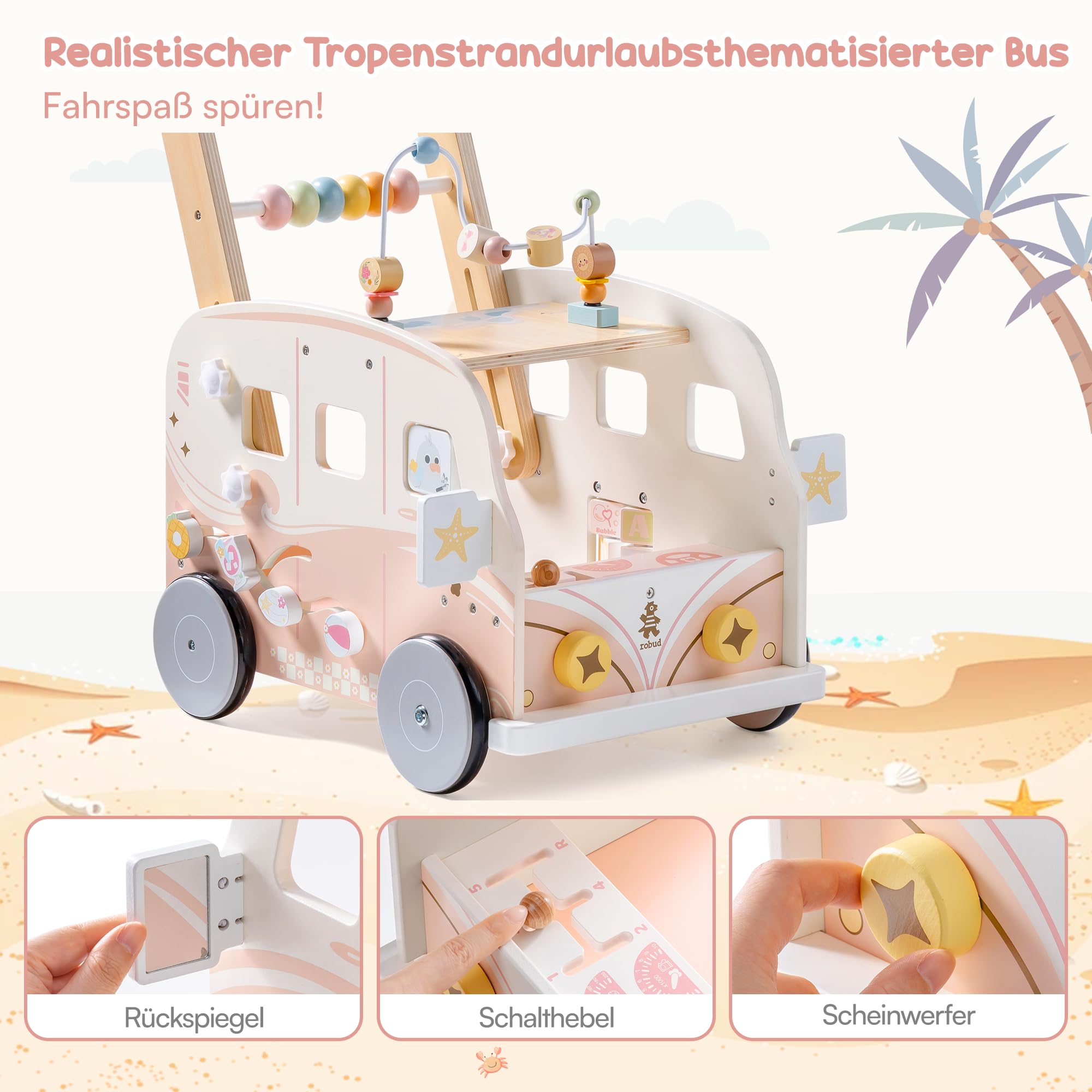 ROBUD Baby Lauflernhilfe Holz, Interaktiver Lauflernwagen, Einstellbare Geschwindigkeit & Höhe Baby Walker, Motorikspielzeug Geschenk für Kleinkinder ab 10 Monaten-1-2 Jahren (Rosa)