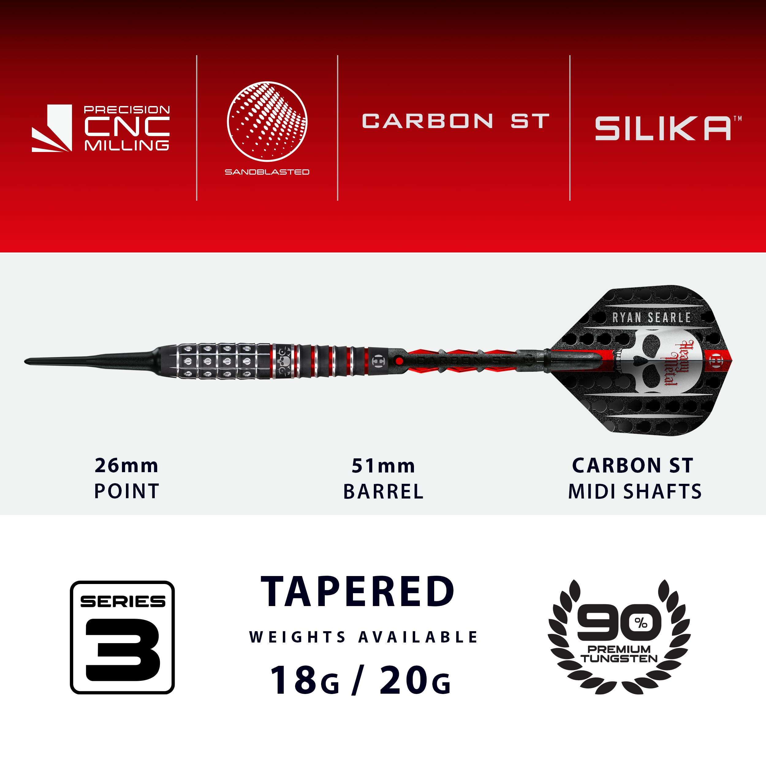 Harrows Juego de dardos Ryan Searle de 90% de tungsteno, serie 3 de puntas blandas, 18 g y 20 g, incluye cañas de carbono rojo y plumas de sílice, dardos profesionales de punta suave para dianas