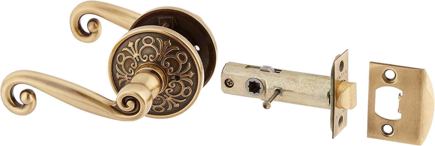 Lancaster Door Set with Scroll Design Levers Left Hand Privacy in Antique Brass. Doorsets.