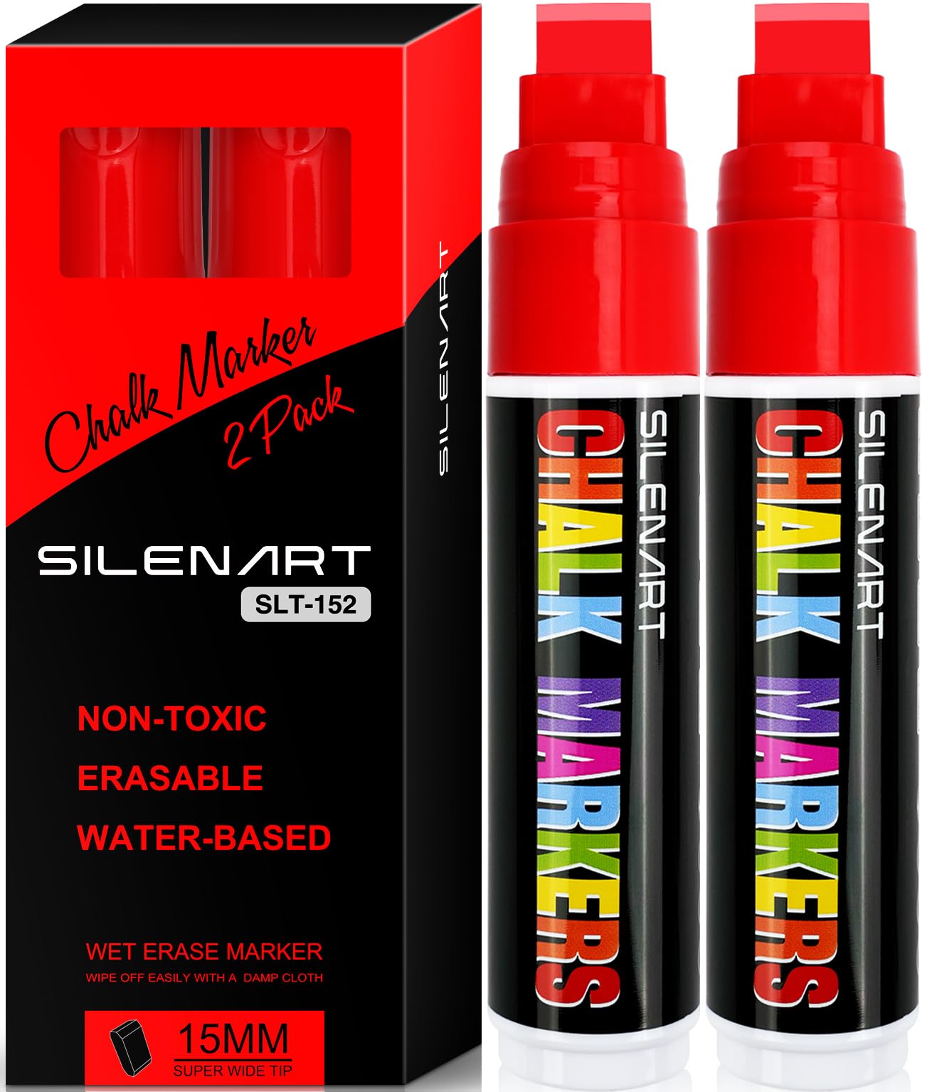 SILENART - Lote de 2 rotuladores de tiza roja (punta superancha de 15 mm, punta gruesa jumbo borrable en seco, marcadores de tiza líquida roja para pizarra, ventana, vidrio, espejo, pizarra negra