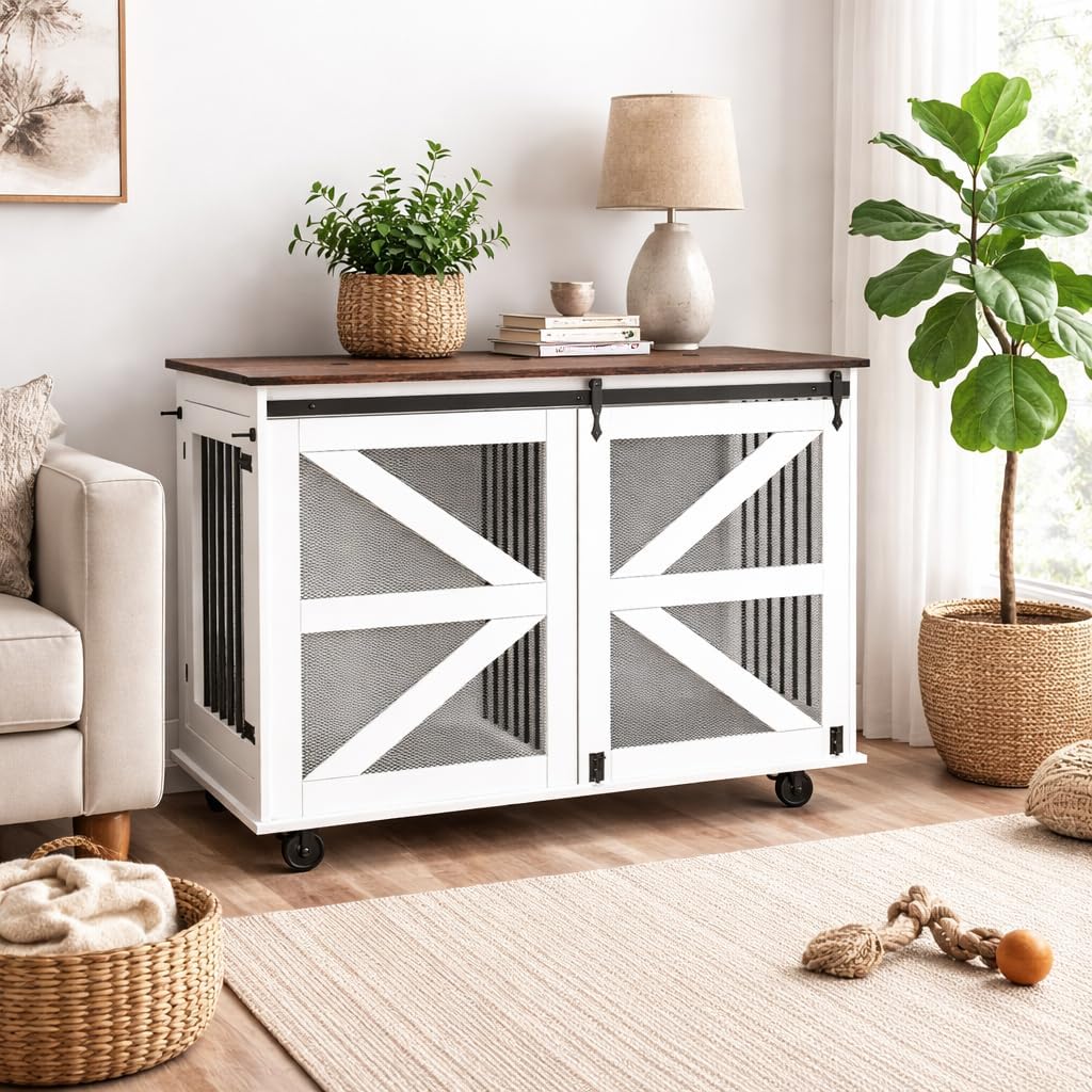 YOPTO 47.2" Double Dog Crate Furniture with Removable Divider, Mobile Wooden Dog Kennel with Flip-Top Feeding Door, Sliding Barn Door, Indoor Crate for Large or Two Small Dogs