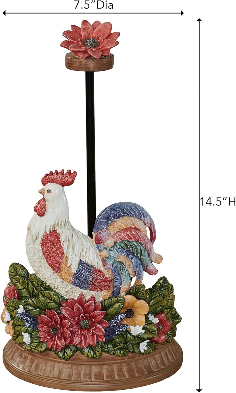 Floral Rooster Paper Towel Holder | Handpainted Red, White, Green, Navy, & Yellow | Dimensional Chicken in Blooming Flower Garden Design | Farmhouse Style Kitchen Countertop Paper Towel Roll Stand