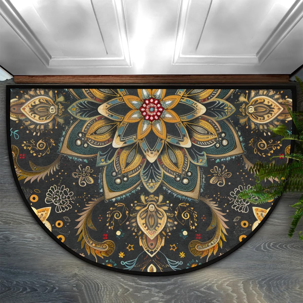 cfpolar Half Round Door Mat Ethnic Mandala Boho Flowe Non-Slip Semi Circle Area Rug Washable Semi Circle Floor Rug for Indoor Outdoor Living Room Bathroom Kitchen Patio Hearth Rugs Home Decoration