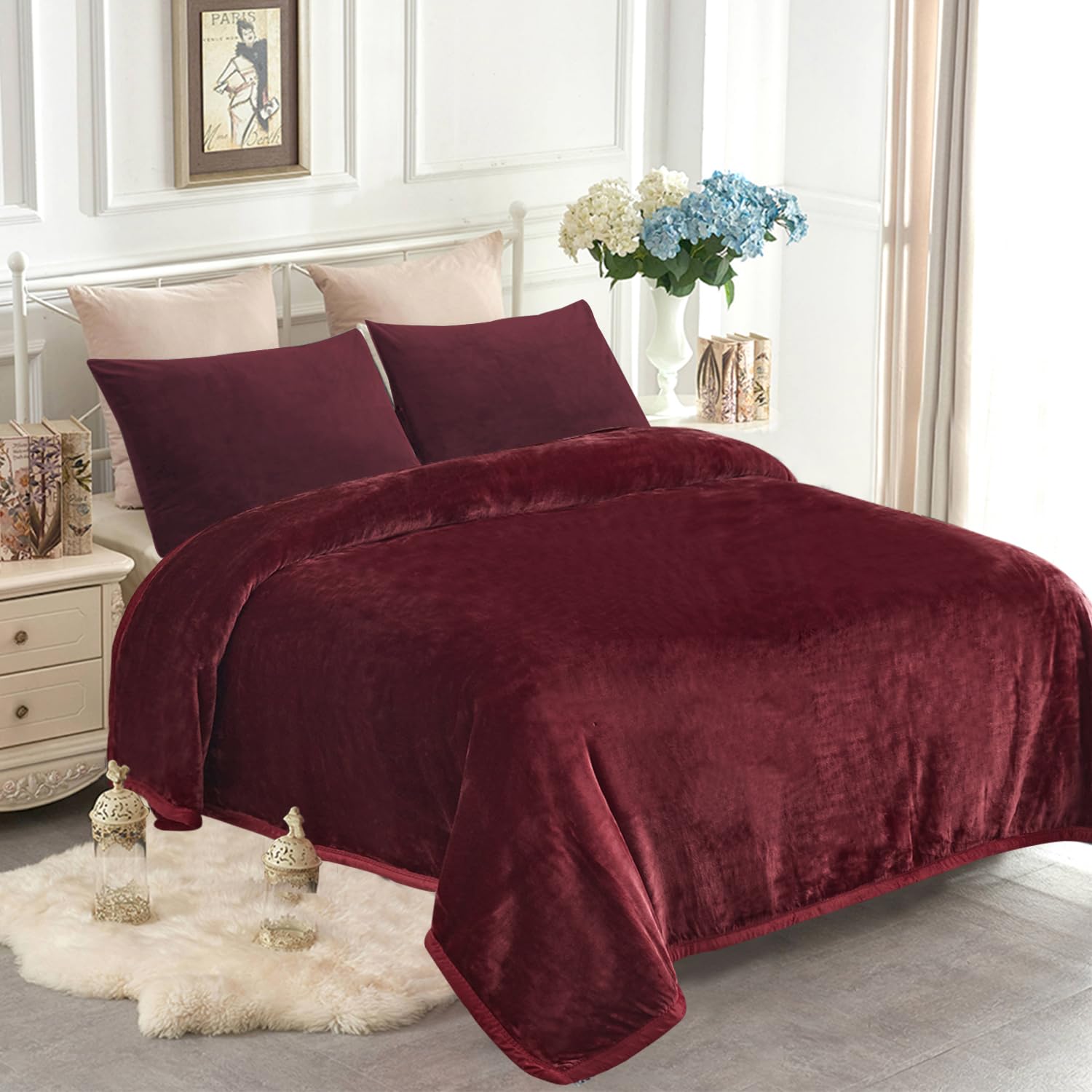 JYK Fleece Plush Blanket - 4.4 LB, 1 Ply Lightweight Korean Style Mink Blanket, King 85" x 95" - Super Soft, Warm & Cozy, Microfiber Bed Blanket for All Seasons, Burgundy