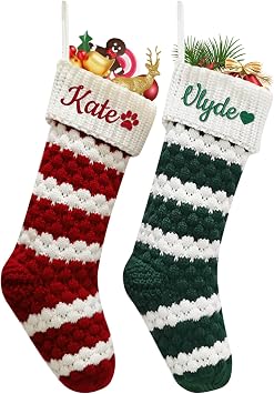 Dreamdecor Personalized Christmas Stockings with Names Monogram, 18 Large Family Knitted Xmas Stocking with Leather Nameplate for Kids, 1 Pack Customized Christmas Stockings for Fireplace Holiday