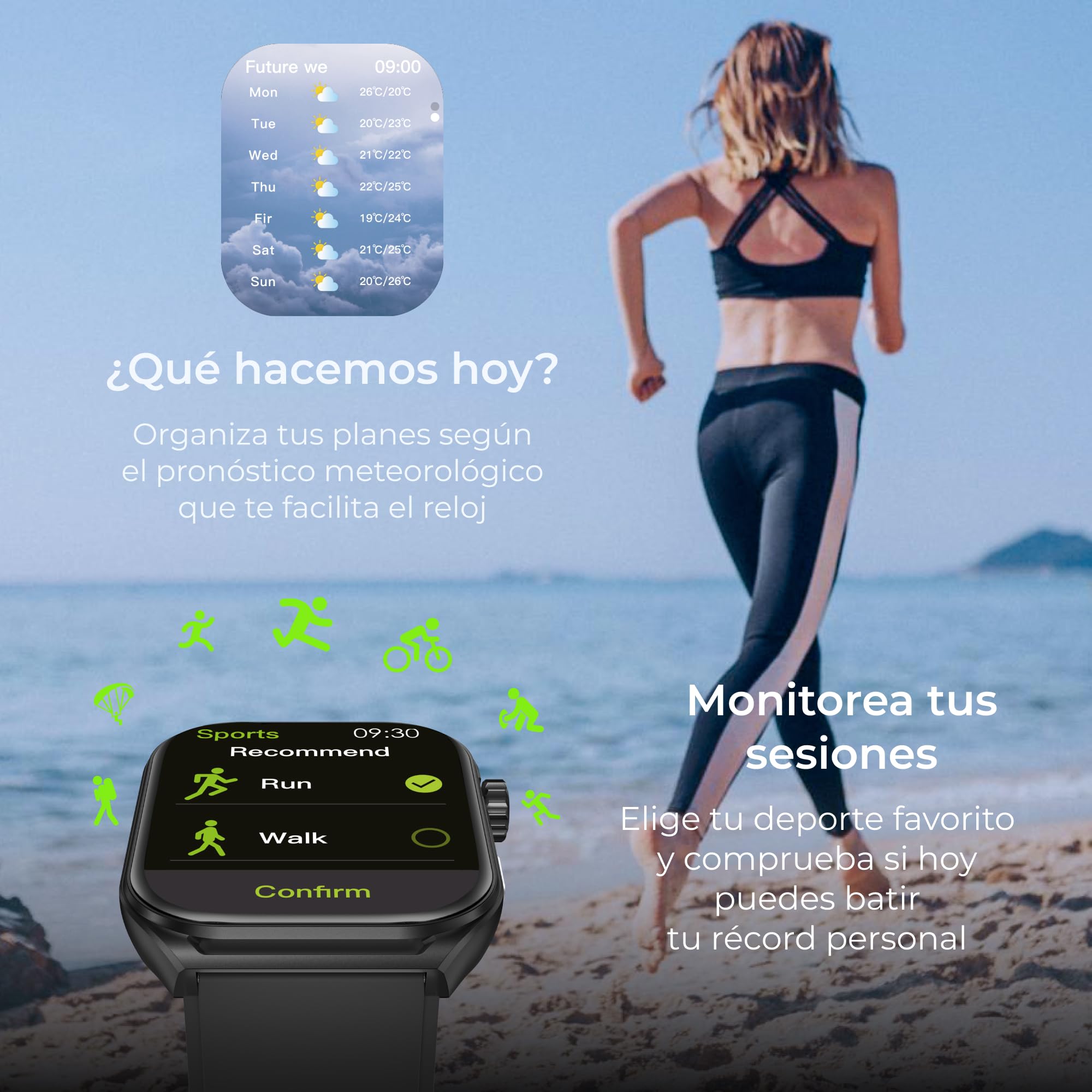 KSIX Smartwatch Urban Move noir, écran AMOLED 2,06", messages, mains libres, assistant vocal, 100+ modes sportifs