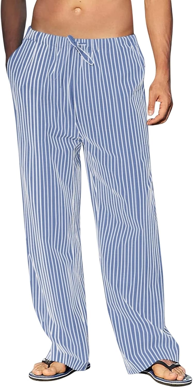 Mens Striped Pants Vintage Beach Elastic Drawstring Waist Yoga Trousers Straight Leg Baggy Pants Light Vacation Slacks