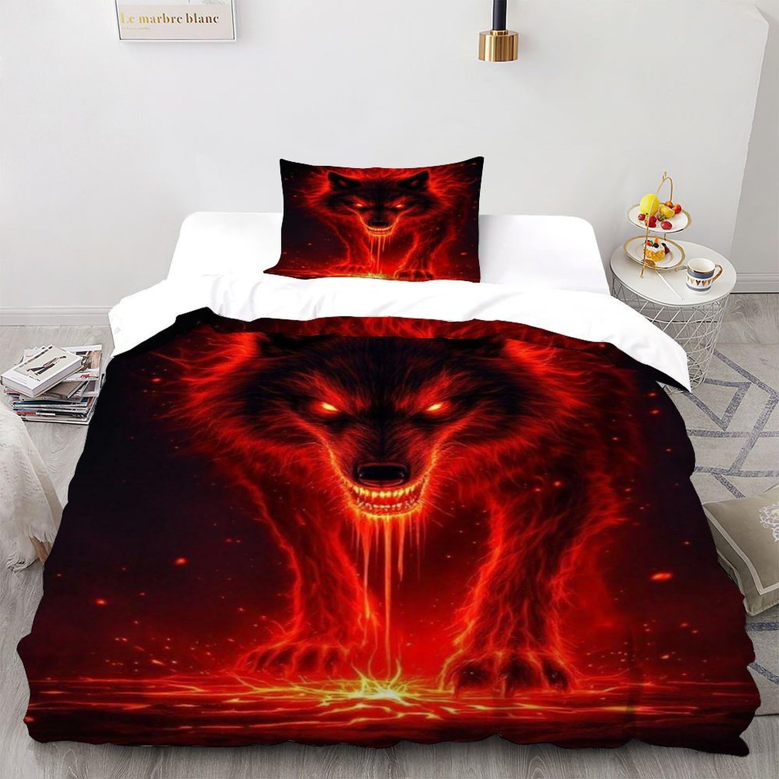 Fire Wolf Bedding Set Theme Bedspread Animal Themes Wildlife Duvet Cover Set Microfiber Quilt Cover Universal for All Seasons Pillowcase Single（135x200cm）