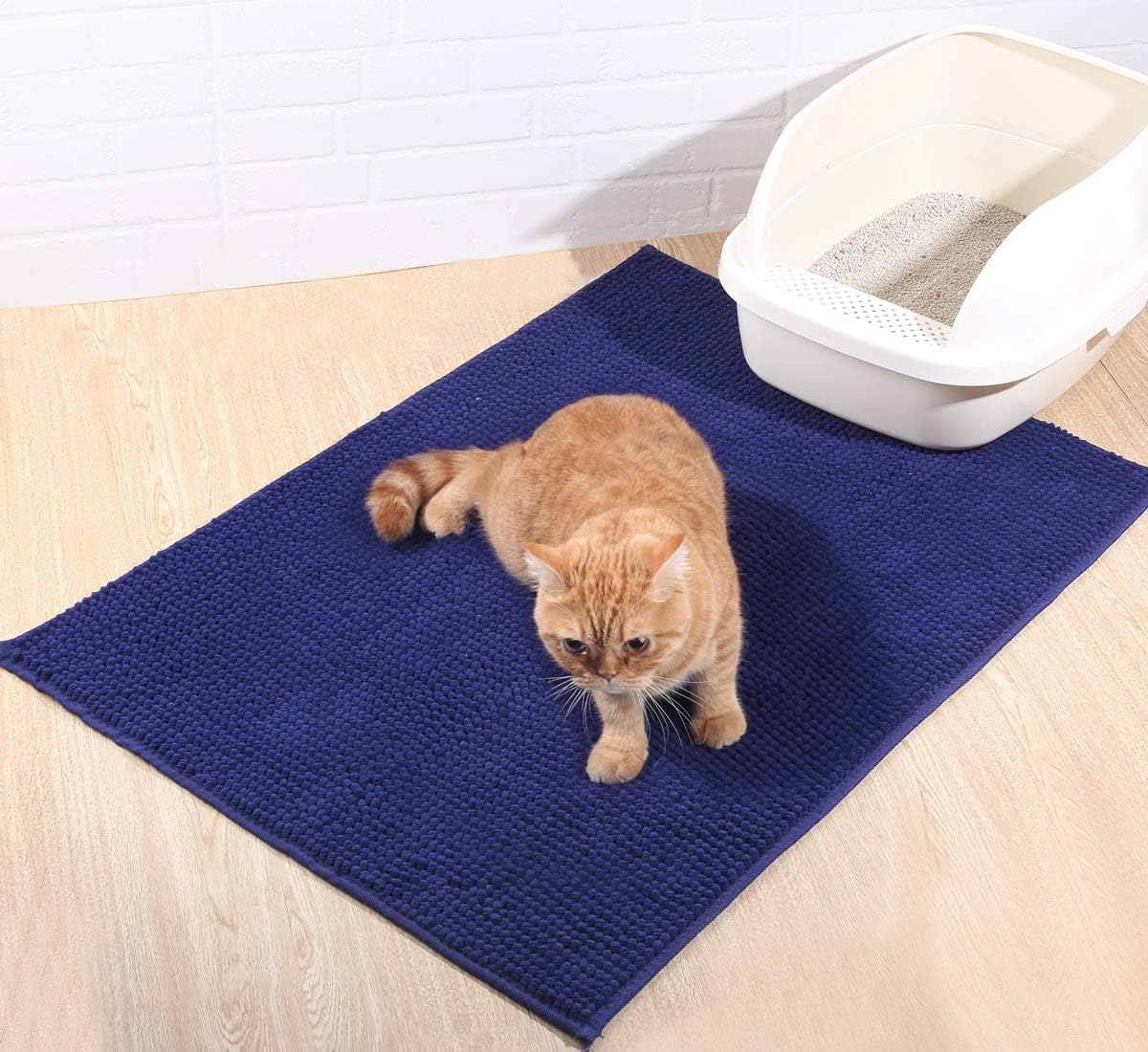 VIVAGLORY Cat Litter Mat Softgrip Litter Trapping Mat, Muddy Litterbox Rug for Indoor & Floor, Machine Washable Easy Clean Soft Microfiber for Cat, 35"× 25", Navy Blue