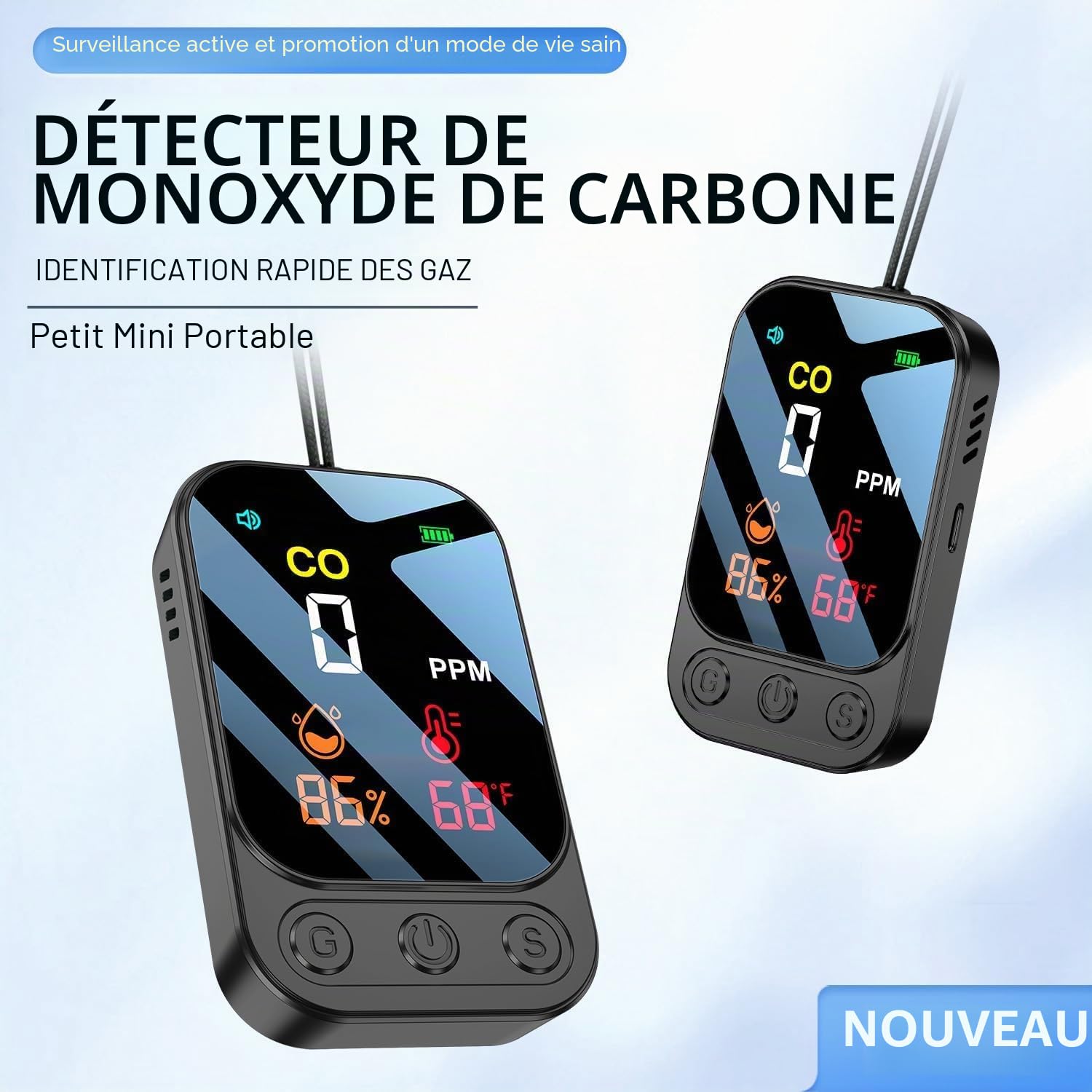 Détecteur de Monoxyde de Carbone Portable pour Voyage Camping Voiture, Alarme de CO Portatif, Mesureur de Monoxyde de Carbone avec Batterie Rechargeable Intégrée, Gris Foncé, HD09