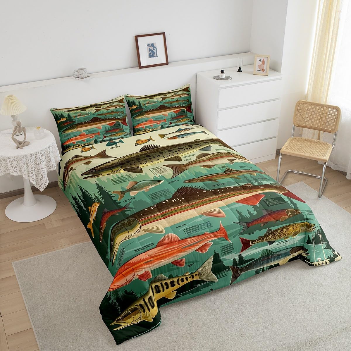 Erosebridal Fish Theme Queen Comforter Set,Fishing Lake House Bedding Sets for Kids Boys Men,Big Bass Pike Fish Quilt Bed Set,Rustic Cabin Farmhouse Bedroom Decor,2 Pillowcases Breathable