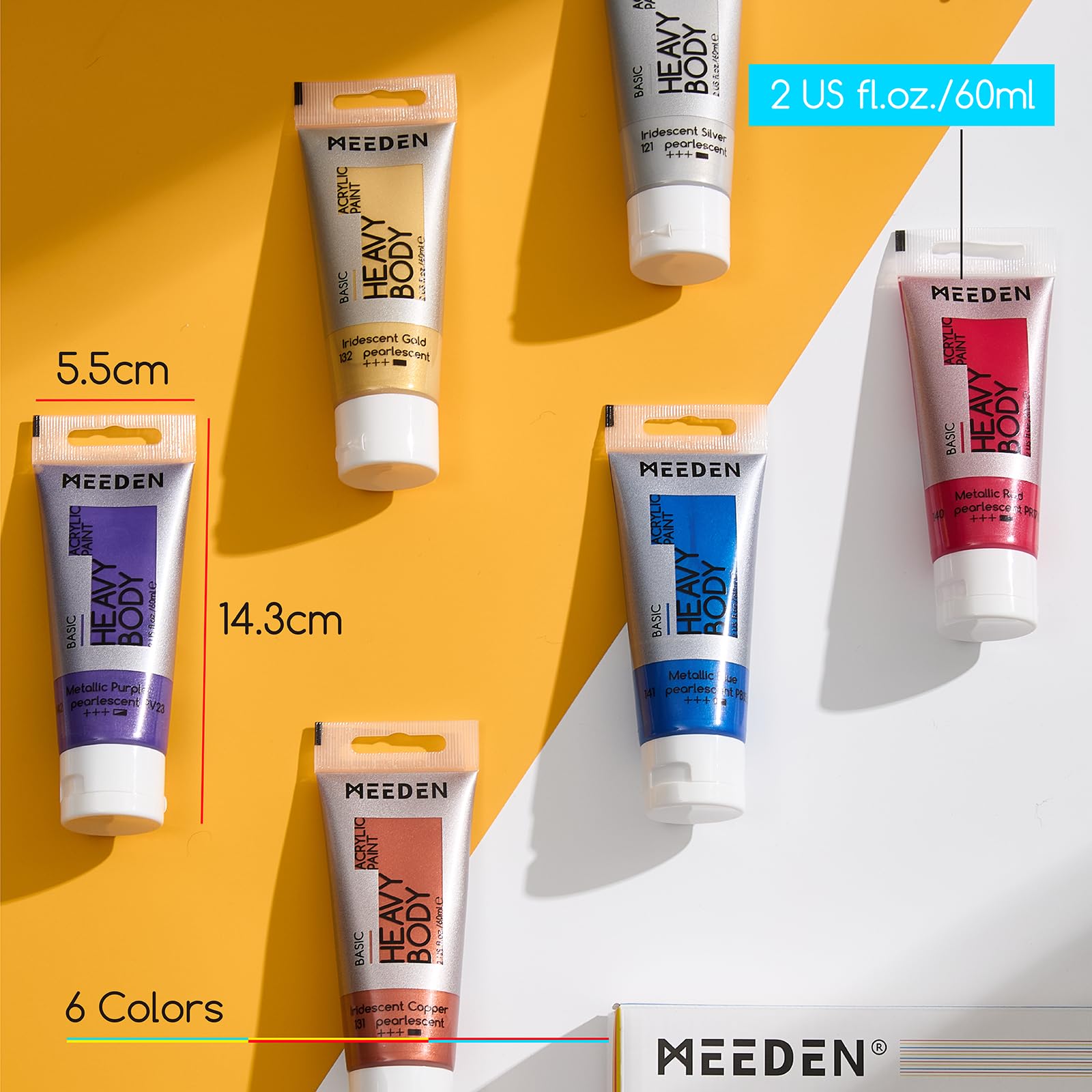 MEEDEN Pinturas Acrilicas Metálicas: 6 × 60 ml Pinturas Acrilicas para Manualidades pour Adultes Artistes - Pintura Acrílica Gruesa Metálica para Pintura Lienzo Cerámica Madera Metal