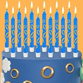 12 Pcs Blue with Gold Ring Print Themed Birthday Candles Blue Golden Cartoon Characters Candle Cake Topper for Boys Girls