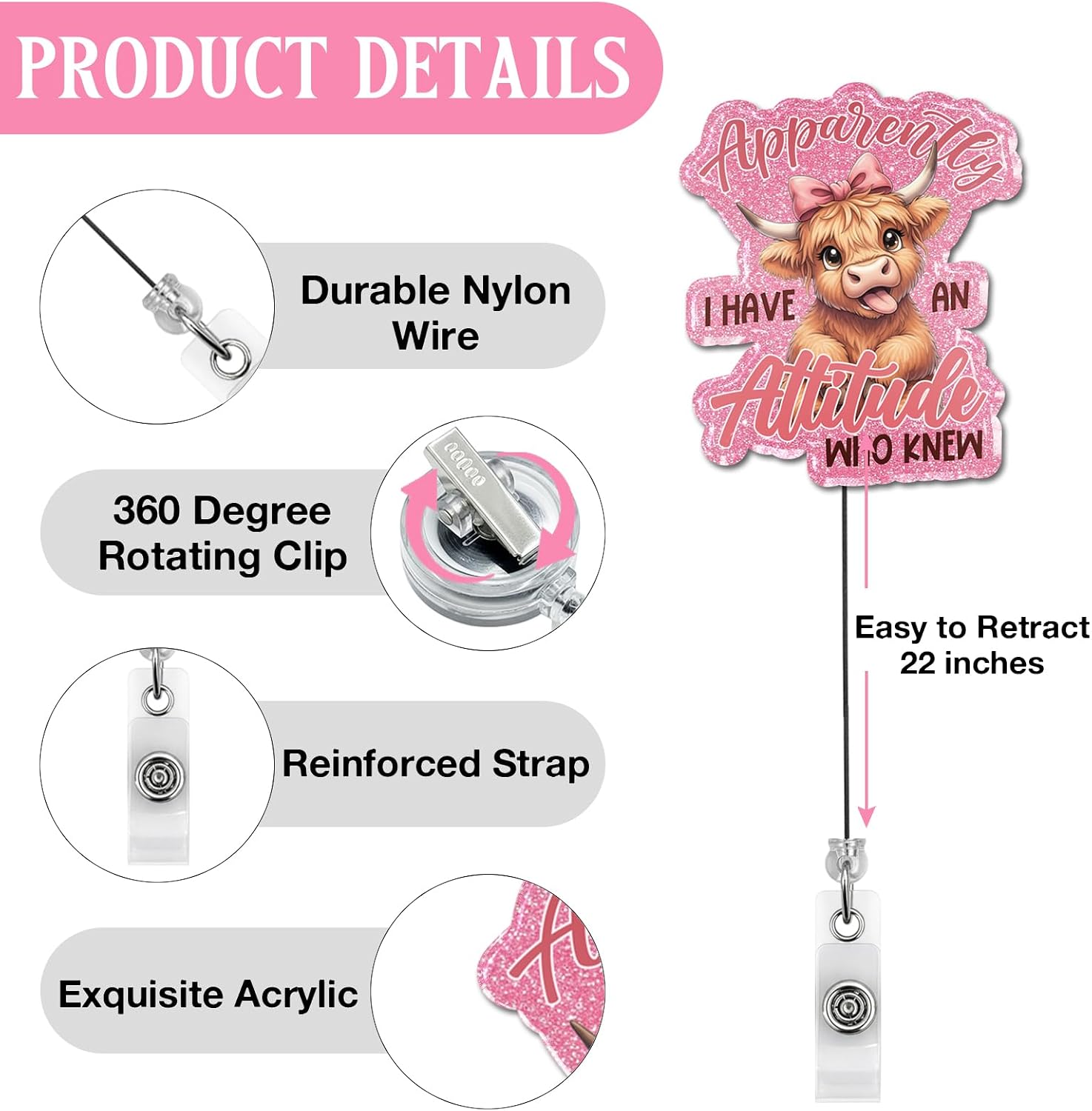 Cute Highland Cow Badge Reel, Funny Badge Retractable Clip for Women image 2