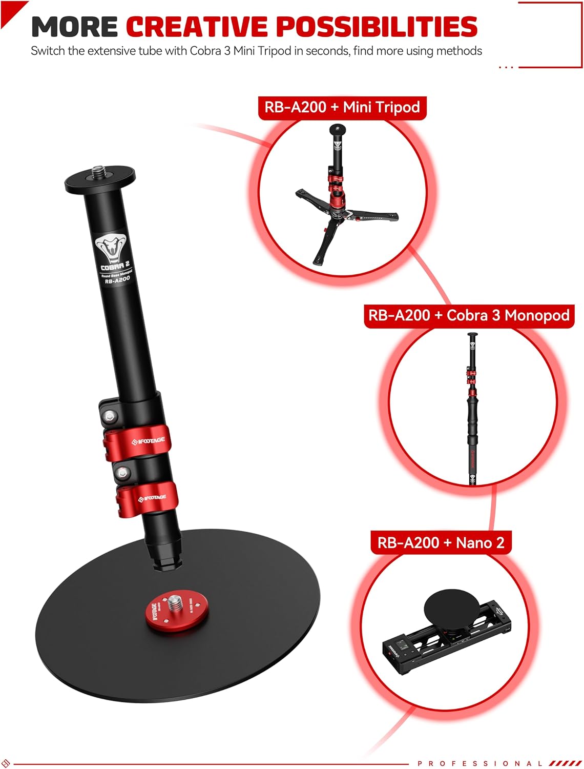 IFOOTAGE Cobra 2 RB-A200-S Adjustable Round Base Tabletop Monopod