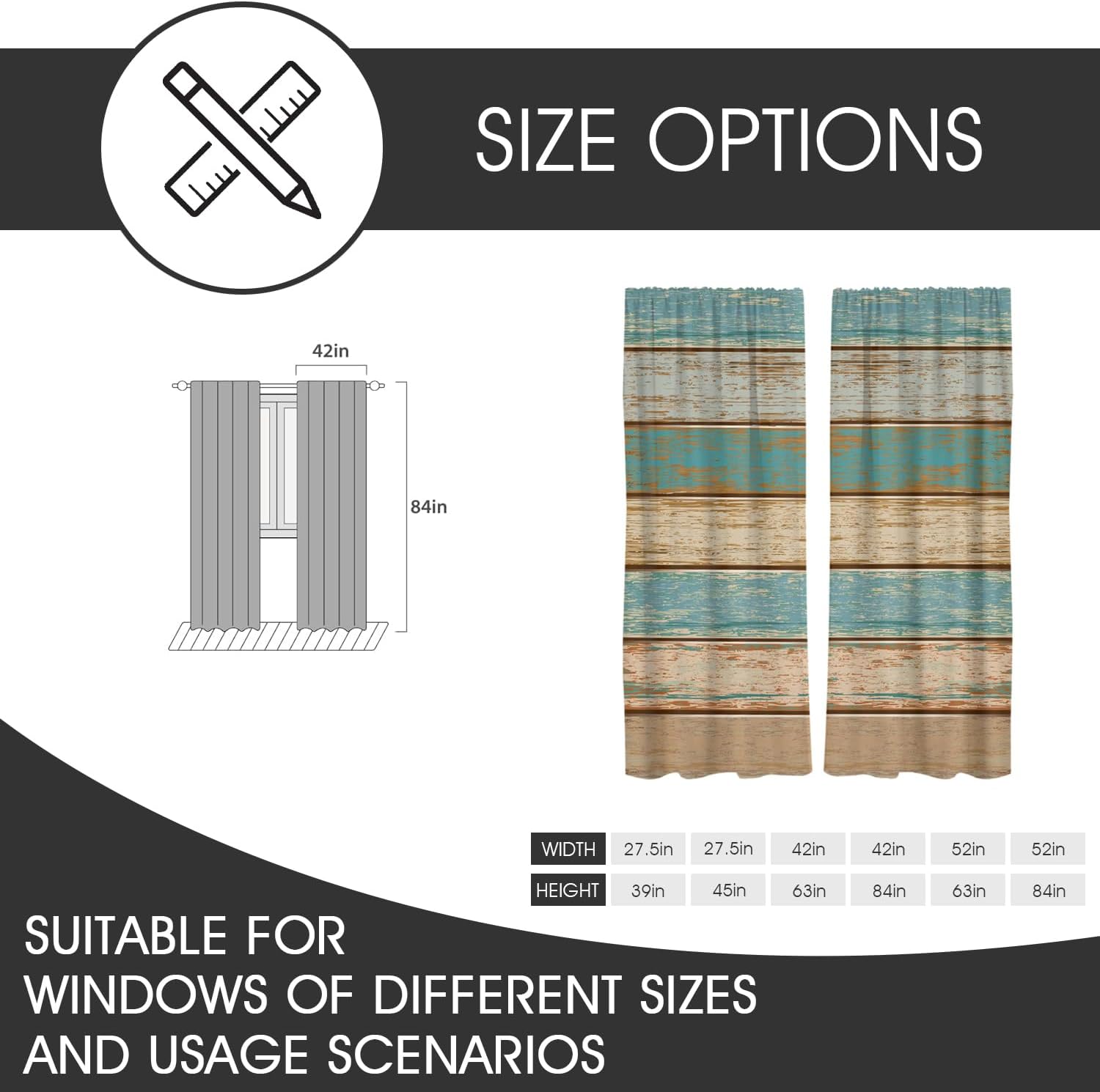 zokyer Rustic Window Curtain Long Western Teal and Brown Turquoise Green Southwestern Retro Wood Barn Door Cabin 42" W x 84" L for Bedroom Living Room 2 Panels Rod Pocket Drapes