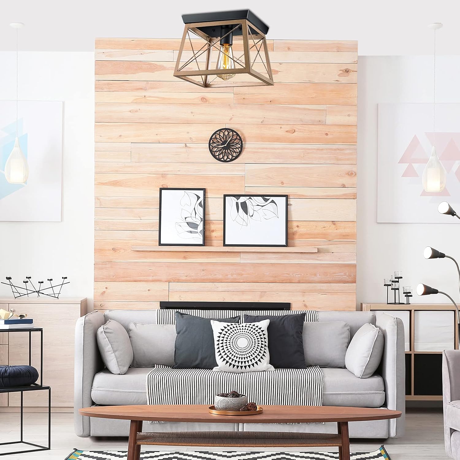 Pynsseu Industrial Ceiling Light, Farmhouse Semi Flush Mount Ceiling Fixture for Kitchen Island Dining Room Bedroom Foyer Hallway, 1 Pack