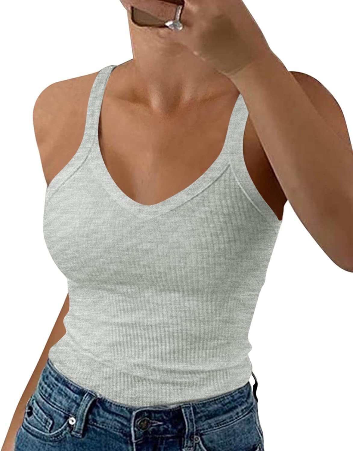 Wenrine Damen Spaghetti Tops Sexy U-Ausschnitt Tank Top Sommer Gerippt Tanktop Slim Fit Einfarbig Camisole