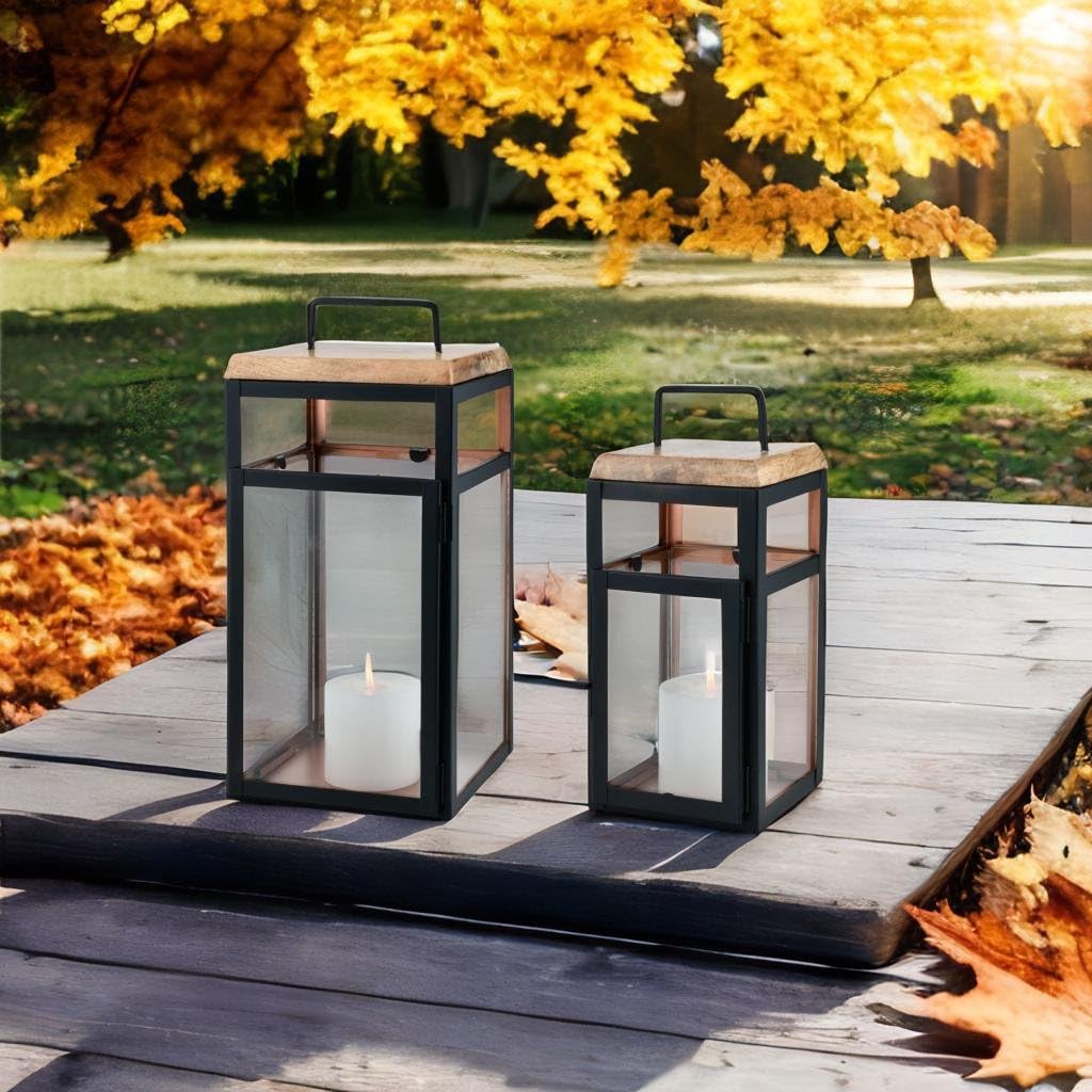 2er Set Laterne Vejle aus Metall und Glas schwarz modern 41 cm Deko