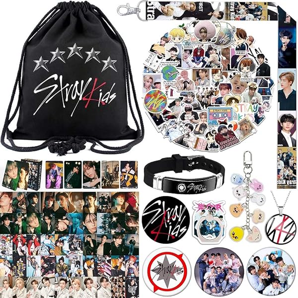 SOSAYI Stray Coffret cadeau pour STAY, Stray Merch avec 1 sac de gym SKZ, 1 Porte Clef, 1 anneau pour téléphone portable, 1 cordon, 1 bracelet, 1 collier, 4 broches, 50 autocollants, 55 photocard - 1