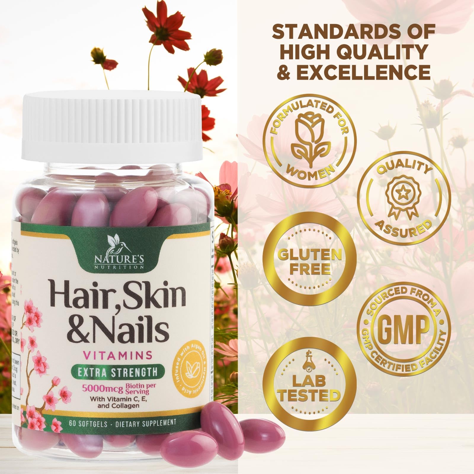 Hair Skin and Nails Vitamins for Hair Growth - Extra Strength Biotin 5000mcg, Collagen, Argan Oil & Hyaluronic Acid Multivitamin - Best Beauty Supplement for Women & Men - USA Bottled - 60 Softgels — Amazon image 4