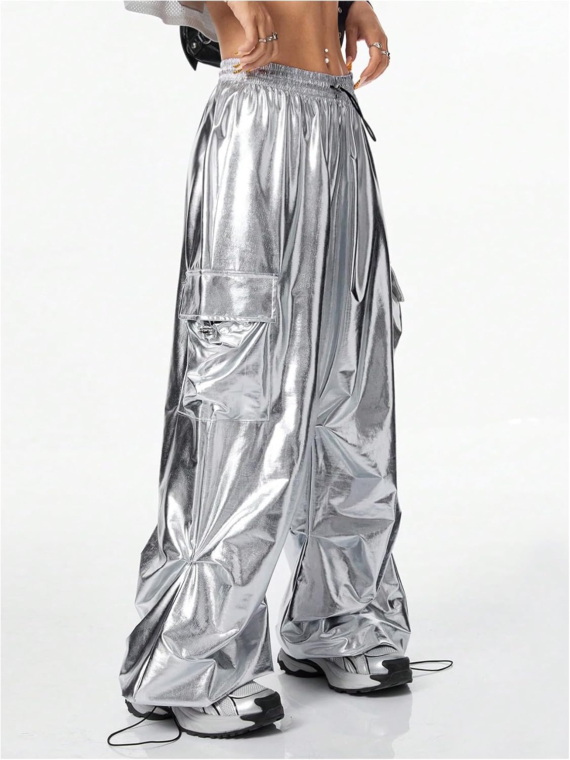 SHENHE Women's Y2k Metallic Cargo Pants Wide Leg Baggy Hip Hop Dance Rave Joggers Trousers - Image 5