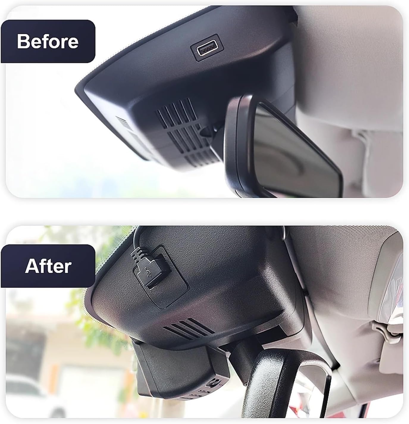 Before and After comparison of the dash cam installation, showing the original rearview mirror cover and the integrated dash cam.