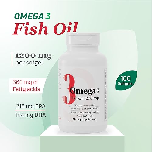 Miniatura 5 de Aceite de pescado 1200 mg  360 mg de ácidos grasos omega-3  Apoya la salud cardíaca, la salud circulatoria y la función cognitiva  Suplemento de