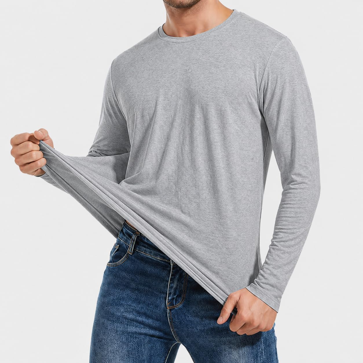 Mens Round Neck Long Sleeve T-Shirts, Breathable 100% Organic Cotton Athletic Tees S-XXL