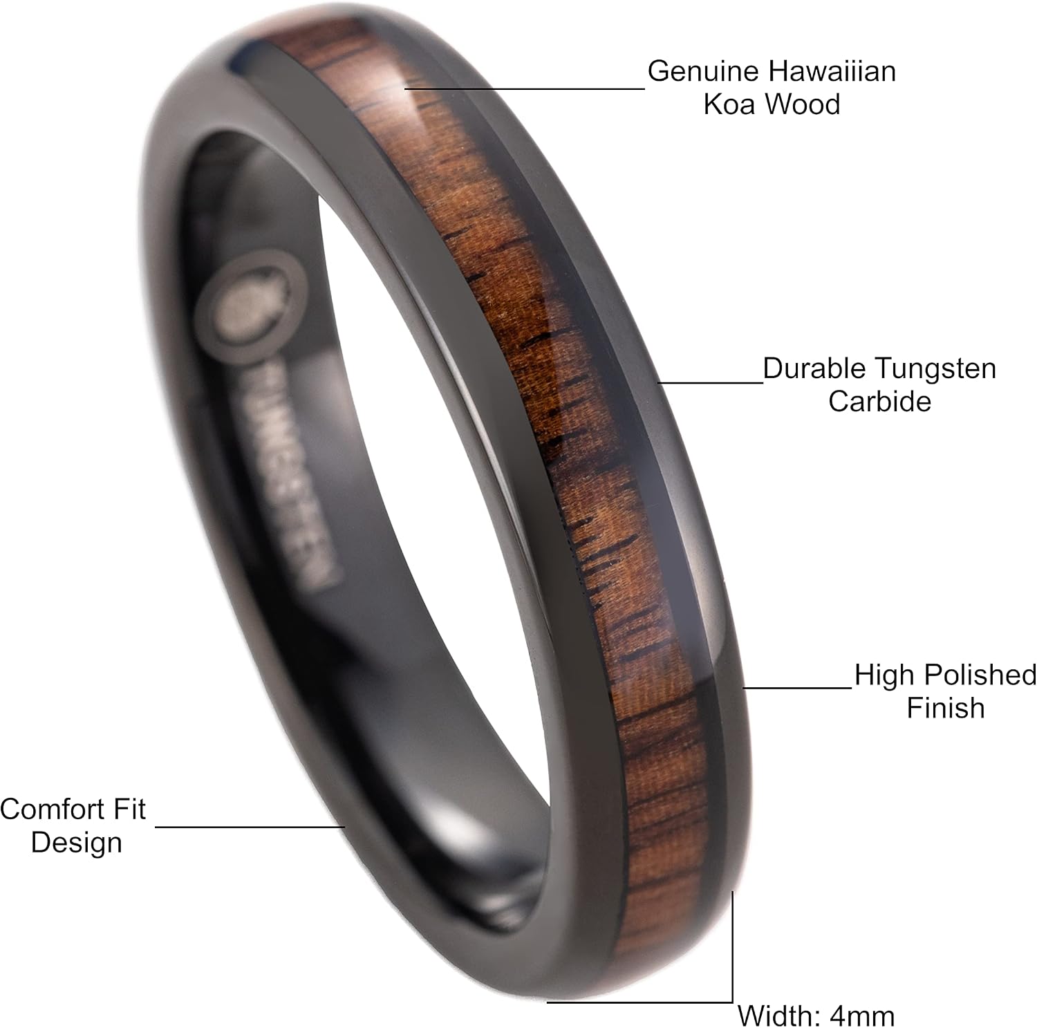 Tungsten Carbide Genuine Natural Hawaiian Koa Wood Tree Inlay Comfort Fit Ring 8mm 6mm 4mm Wedding Band Dome Style Scratch Resistant Weighted Hypoallergenic High Polished Finish with Gift Box Included