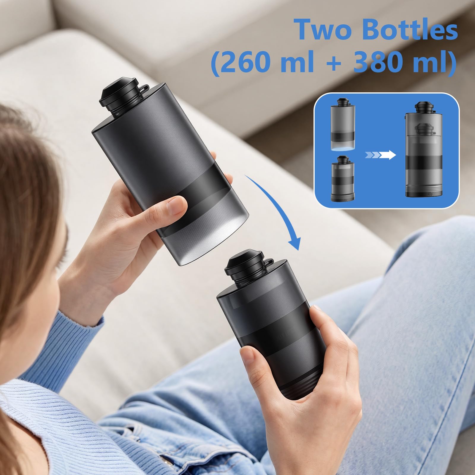 Bidet Portatile Elettrico – Set 2 in 1 (640ml) con Ugello Regolabile a 180°, Ricaricabile USB, IPX6, 2 Modalità di Pressione – Bidet da Viaggio per Igiene Intima, Post Parto, Campeggio e Outdoor, Nero