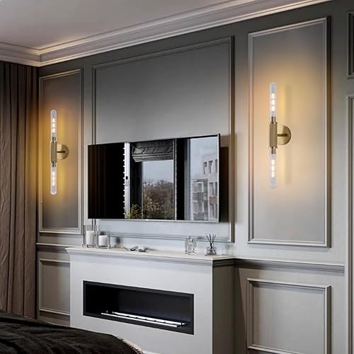 Miniatura 6 de Apliques de pared con textura moleteada dorada de 24 pulgadas, modernos cilindros para baño, con pantalla de vidrio transparente a rayas, 2 luces,