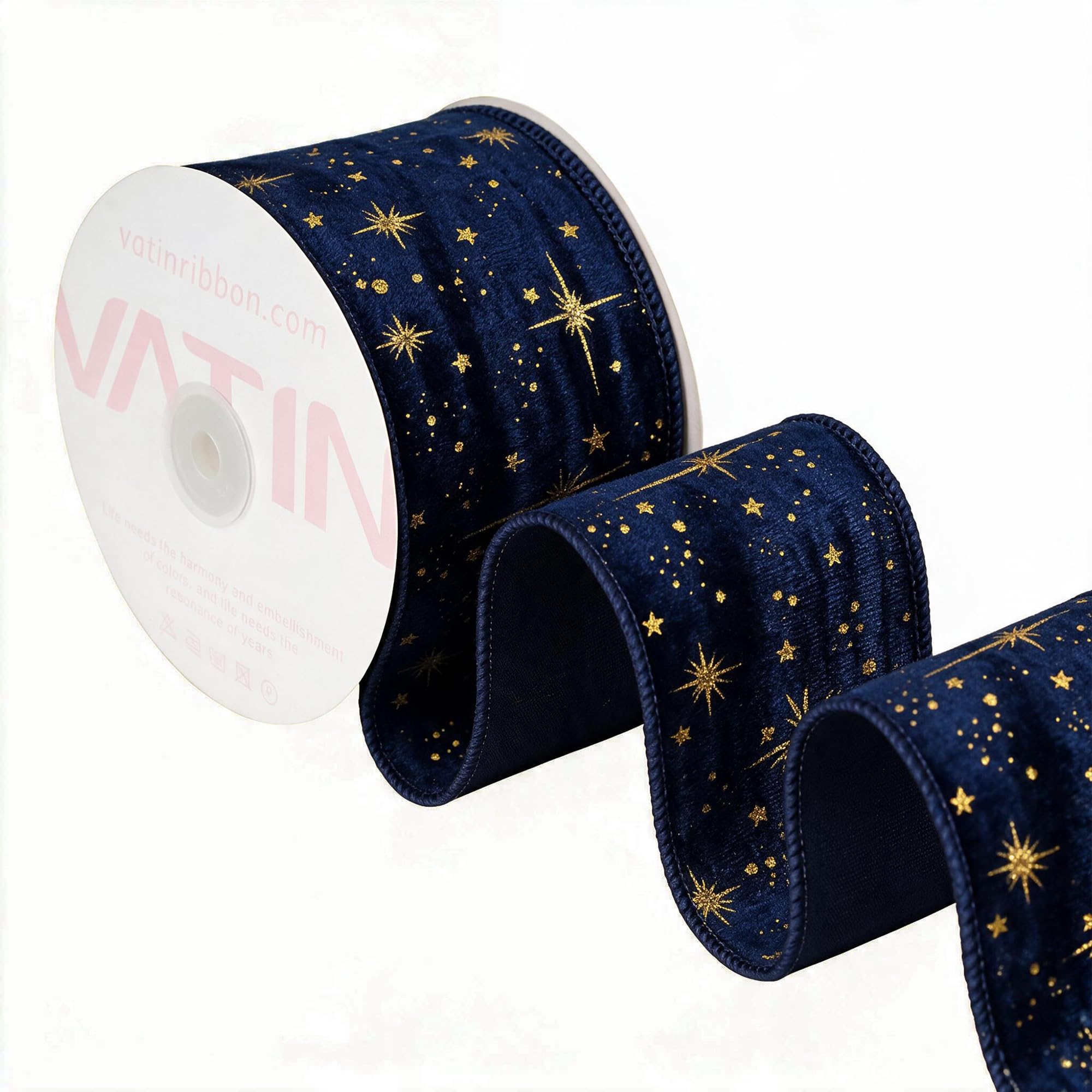 VATIN Navy Pleated Velvet Gold Starburst Wired Ribbon, 65 MM x 9 M — image 1