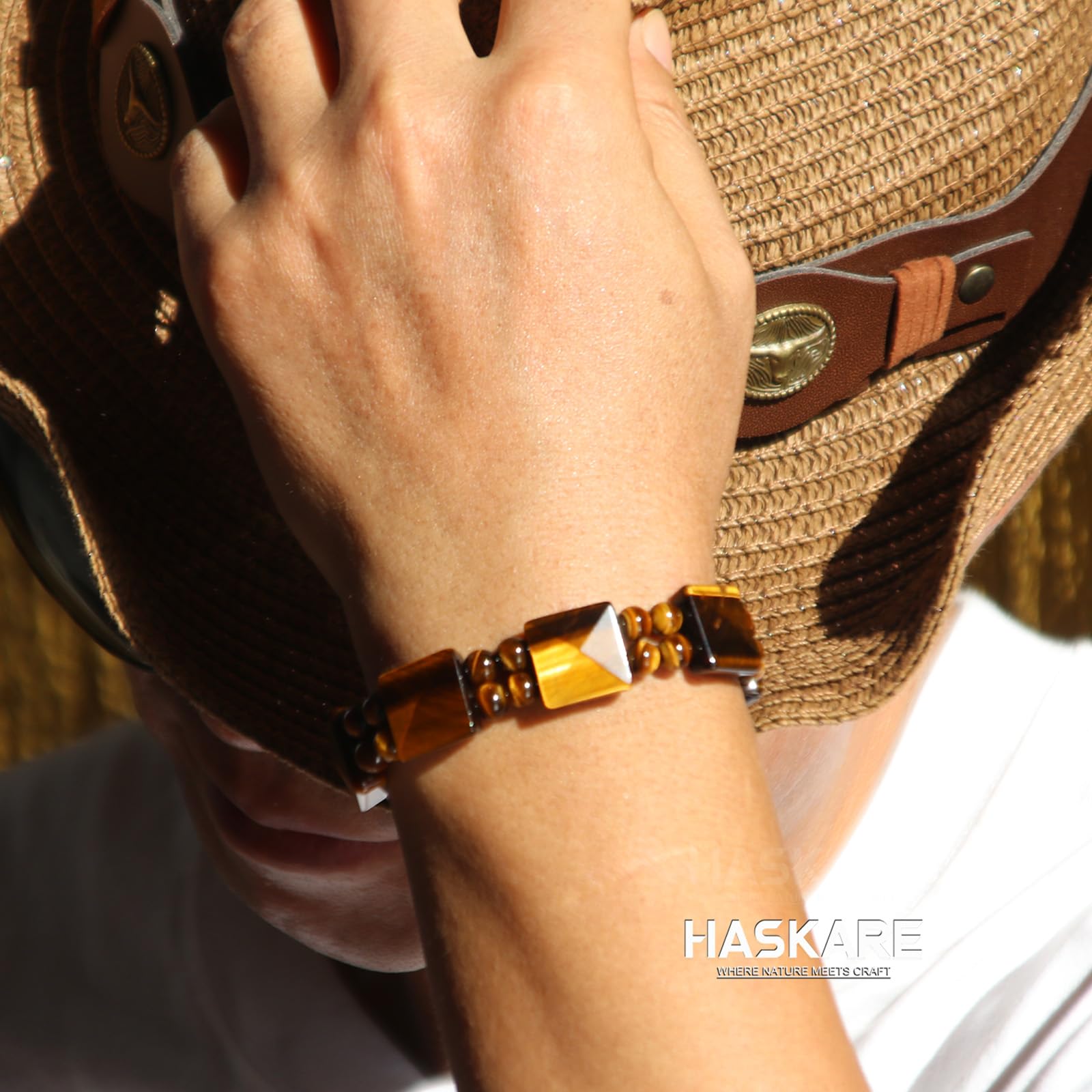 HASKARE Tigerauge Armband Herren Armband Steine, Echtes Naturstein Kristall Armband Herren Hochwertiges Tigerauge Armbänder, Handmade Perlen-Armband Schutz Armband Einzigartige Geschenk für Ihn