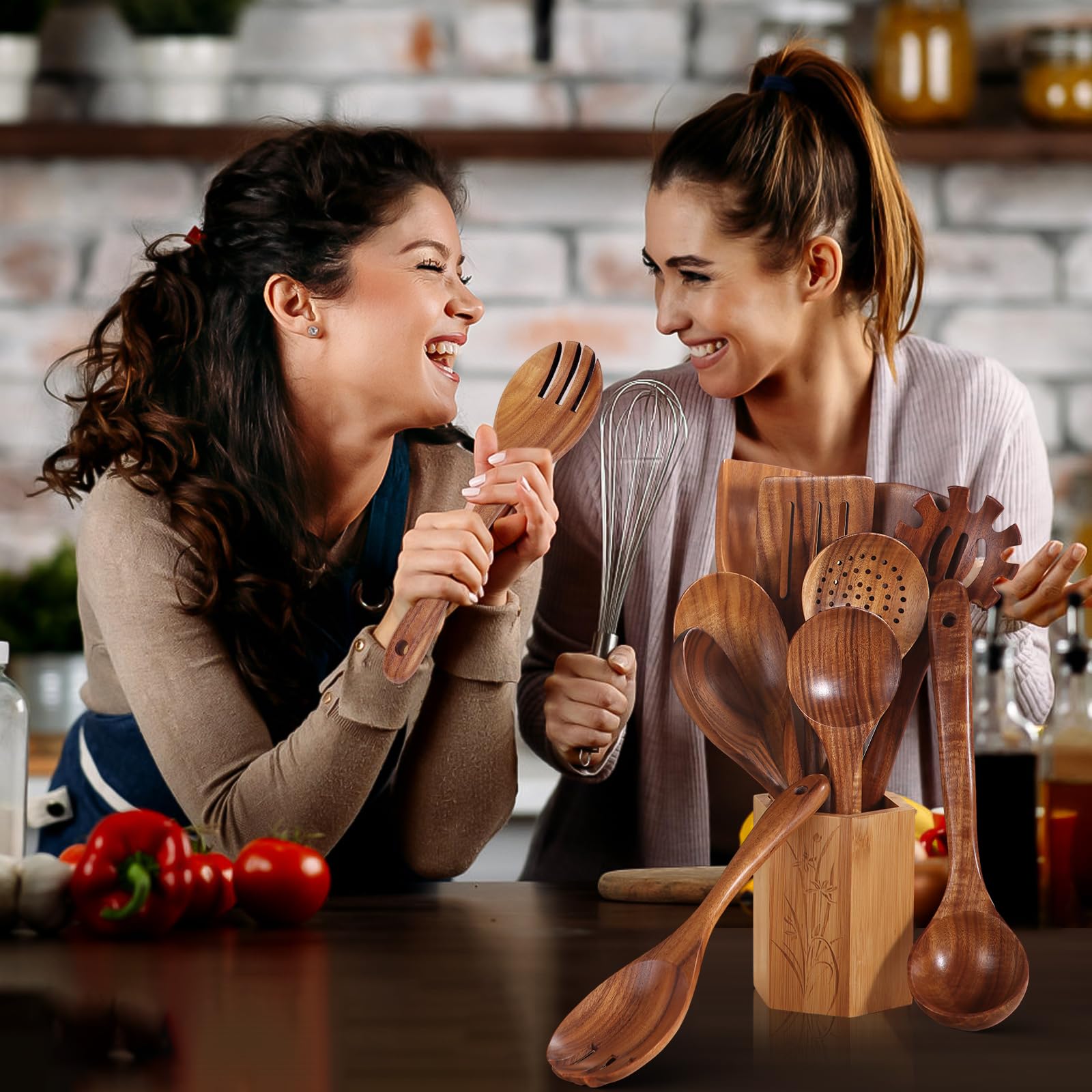AIUHI 10-teiliges Teakholz-Küchenutensilien-Set, Holzutensilien zum Kochen, antihaftbeschichtetes Küchen-Pfannenwender-Set zum Kochen und Servieren