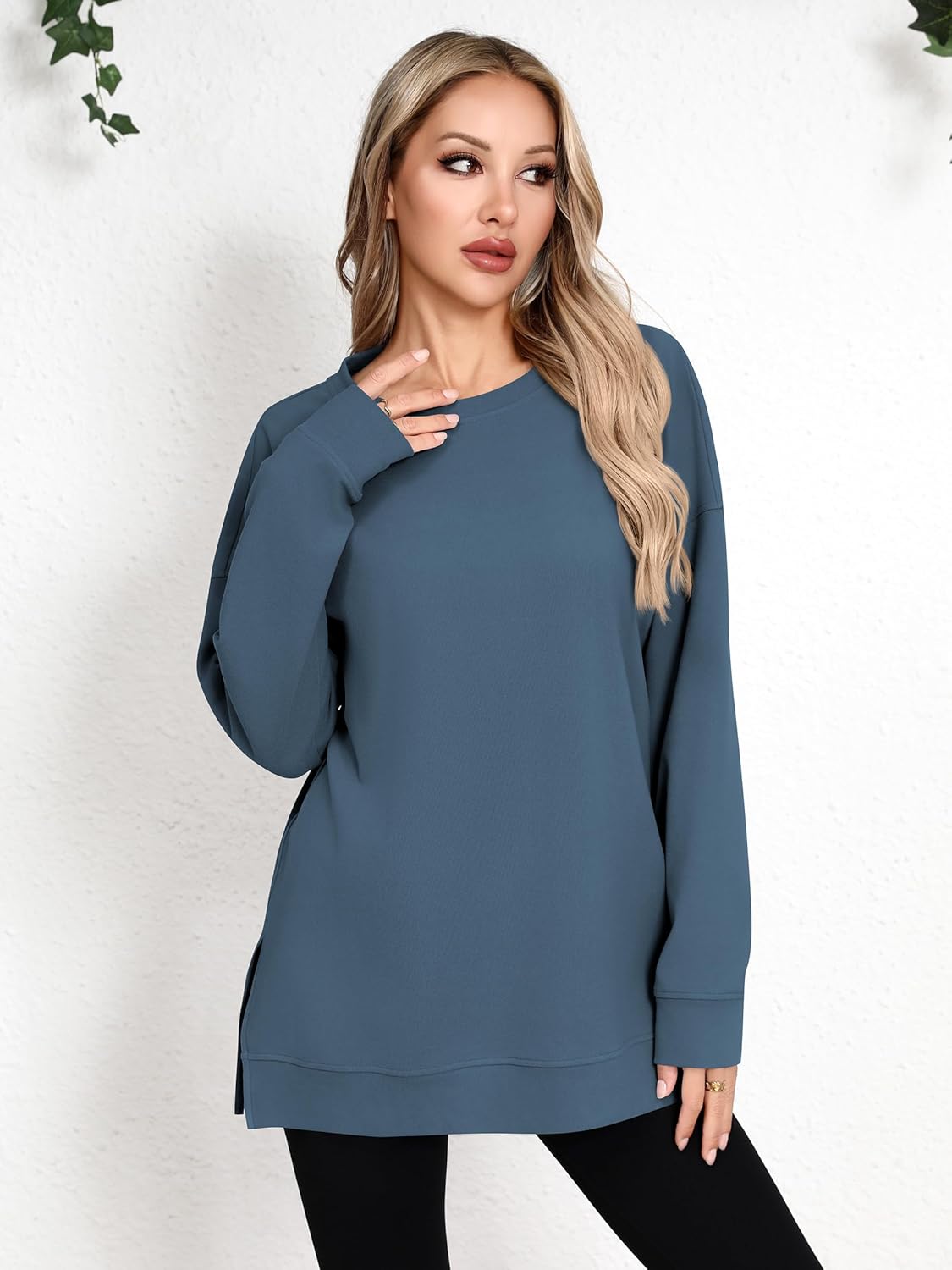 Laughido Women's Long Sleeve Crew Neck Slit Oversized Sweatshirts Pullover Loose Casual Tunic Tops 2025 Fall Clothes - Image 3