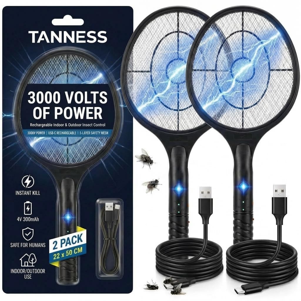 Tanness 1-Pack 3000V Rechargeable Electric Fly Zapper Racket, 22 x 50 cm, USB-C Charging, 4V 300mAh Battery, Indoor and Outdoor Use, 3-Layer Safety Mesh — view 8