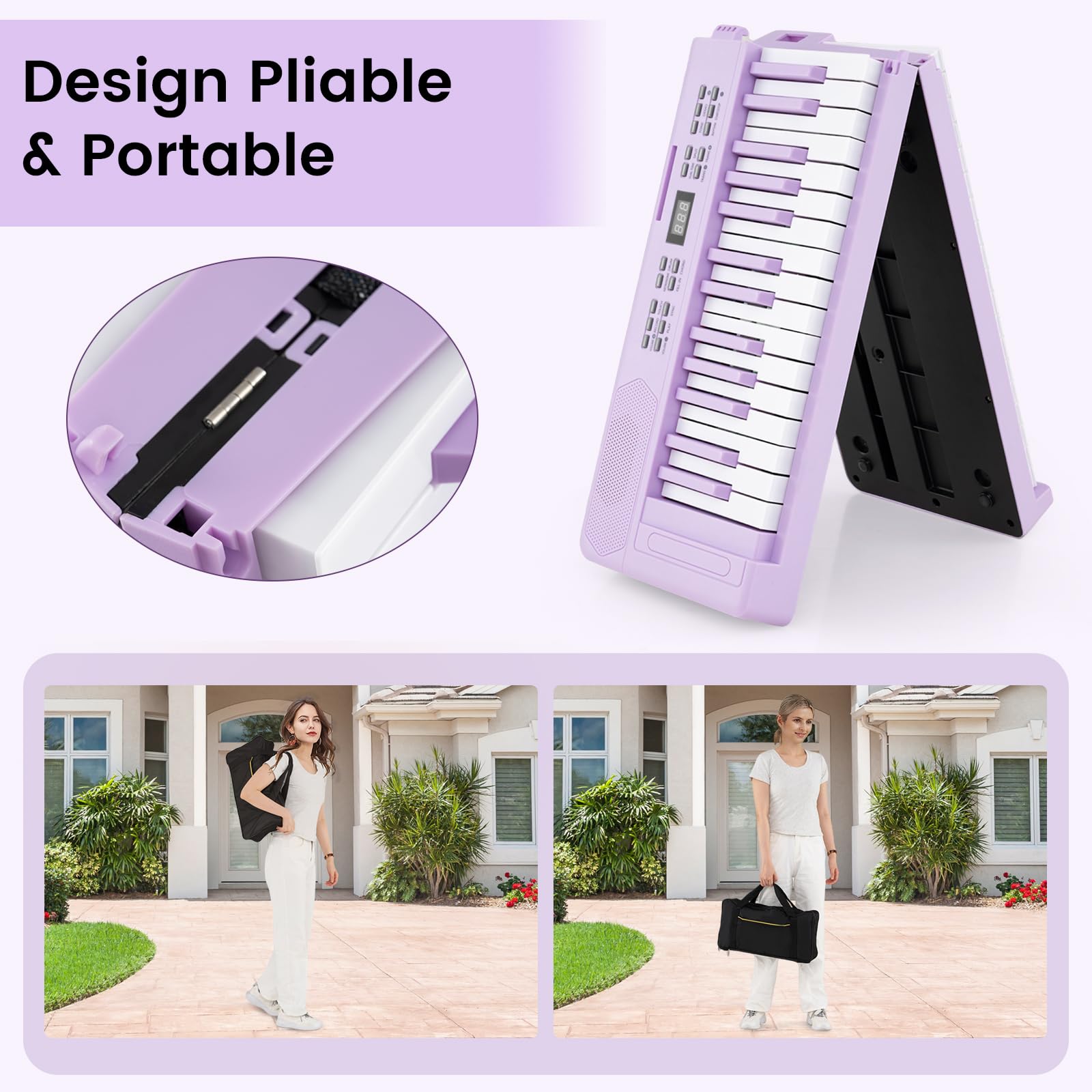 COSTWAY Piano Numérique 61 Touches Pliable avec Casque, Pupitre, Clavier Piano Taille Complète avec Haut-Parleurs, Pédale de Sustain, Fonction MIDI, 128 Sons 128 Rythmes pour Débutants (Violet)