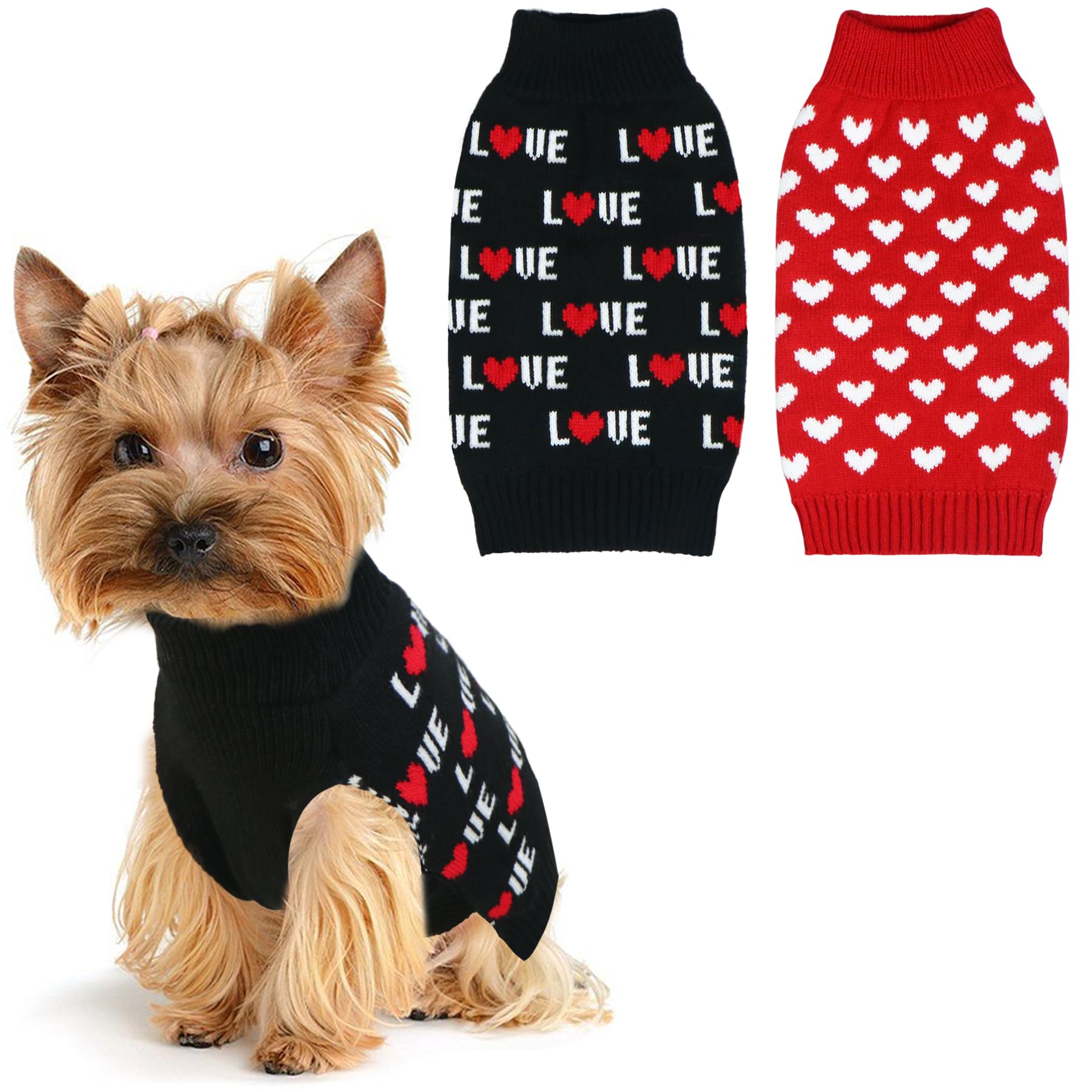 GOYOSWA 2 Pack Valentine’s Day Dog Sweater, Dog Valentines Outfit Clothes Knitted Heart Sweaters for Small Medium Large Dogs Pets (Red Heart & Black Love, Small)