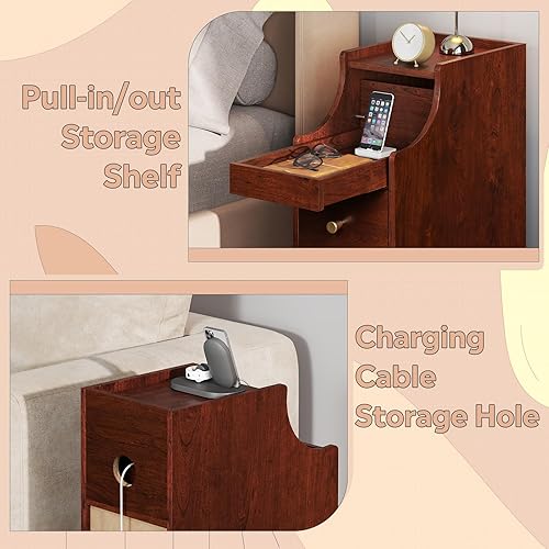Miniatura 4 de WLIVE Mesita de noche pequeña con cajones, mesitas de noche estrechas con estante abierto y orificio para cable, mesita de noche estrecha para