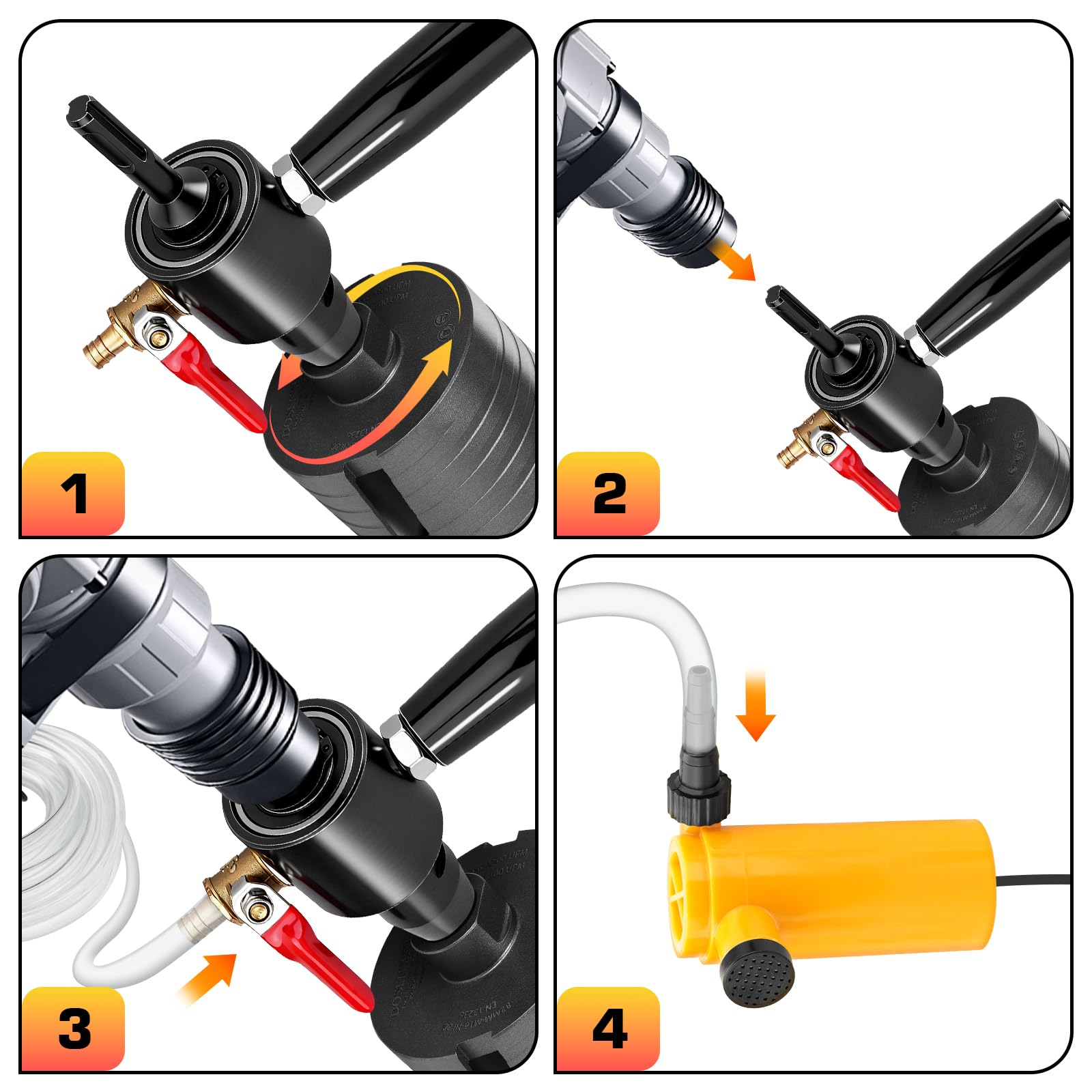 Adaptateur SDS PLUS avec conduite d'eau de 4 m + pompe à eau, adaptateur 1 1/4" UNC vers SDS Plus avec raccord d'eau de rinçage intégré, adaptateur de couronne de forage pour carotteuse, couronne de
