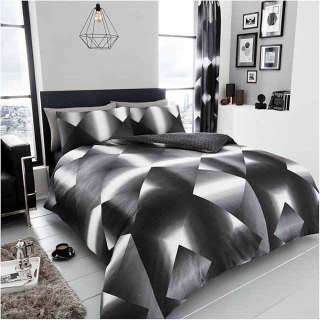 GC GAVENO CAVAILIA Reversible Triangle Duvet Cover Double, Geometric Bedding Sets, Polycotton Bed Covers, Black